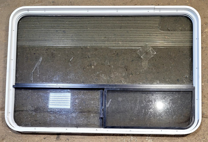 Used White Radius Opening Window : 48 1/4" W x 31 3/4" H x 1 3/4" D - Young Farts RV Parts