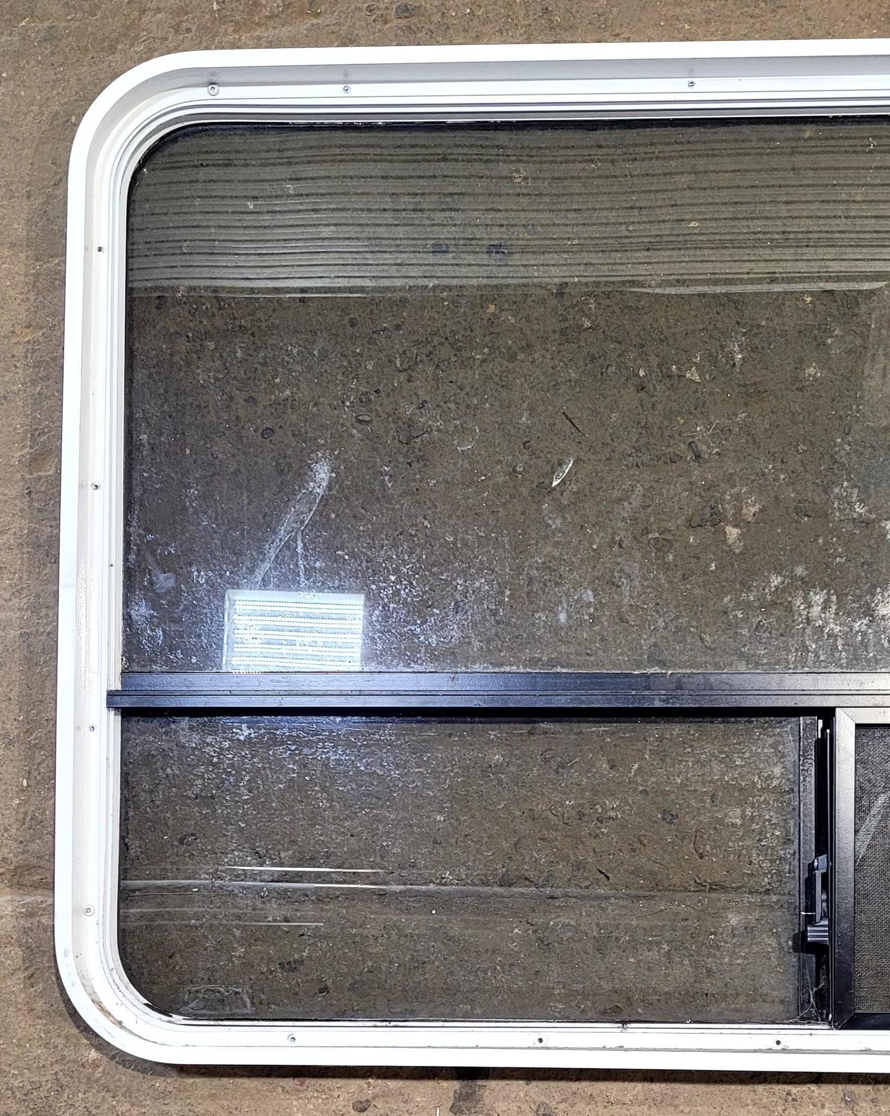 Used White Radius Opening Window : 48 1/4" W x 31 3/4" H x 1 3/4" D - Young Farts RV Parts
