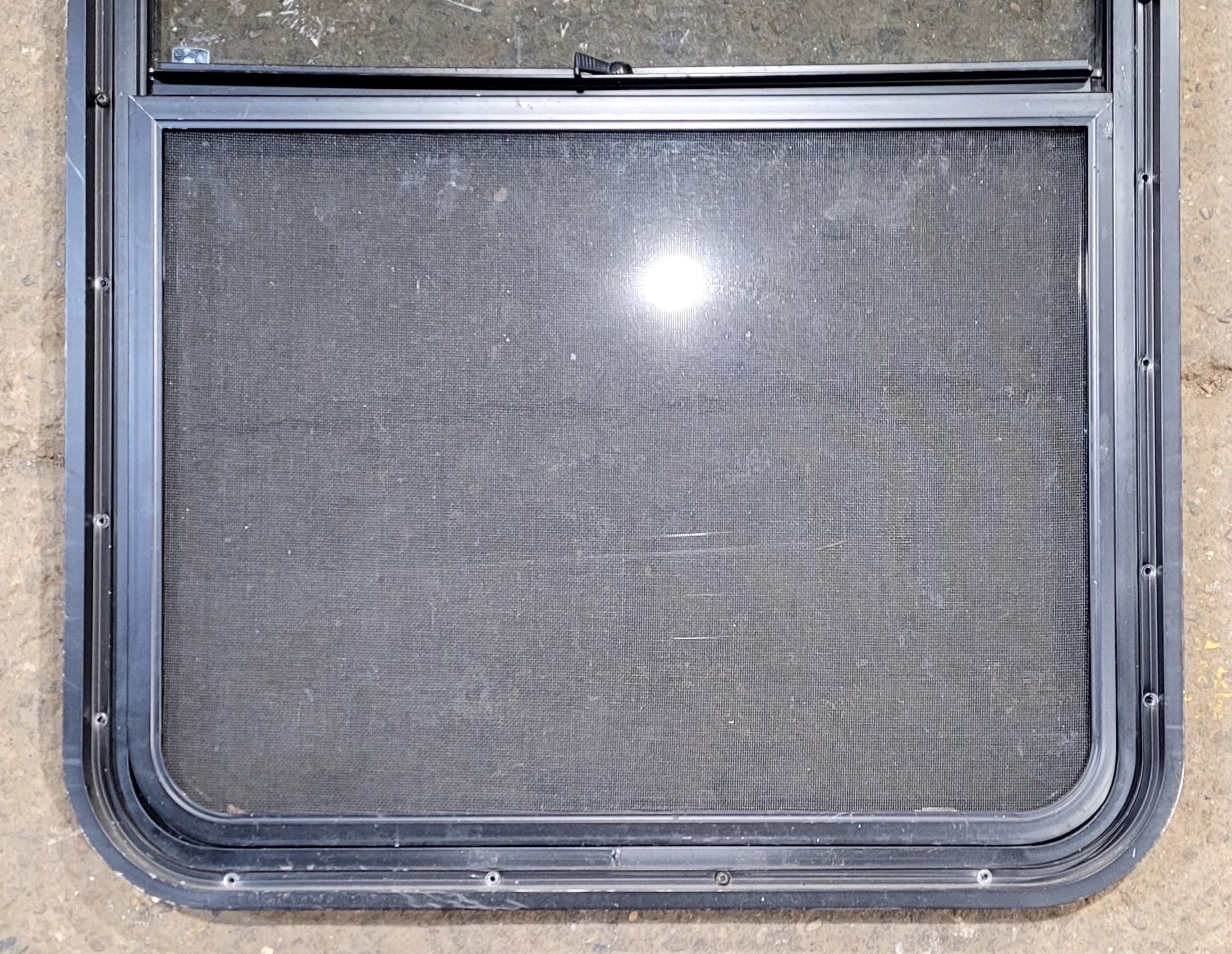 Used Black Radius Opening Window : 25 3/4" W x 41 3/4" H x 1 7/8" D - Young Farts RV Parts