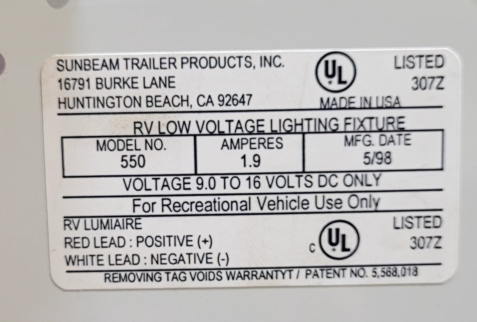 Used Sunbeam Model 550 Dual Florescent light fixture