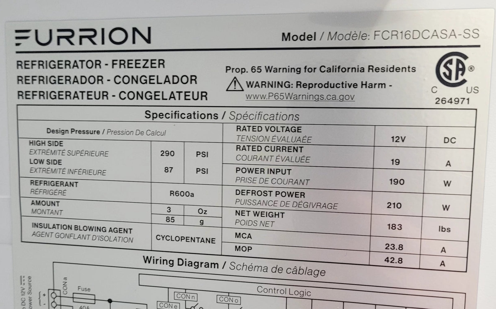 Used Complete Furrion FCR16DCASA-SS RV Refrigerator- 12V ONLY