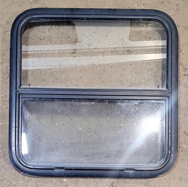 Used Black Radius Opening Window : 25 1/2" W x 25 1/2" H x 1 3/4" D - Young Farts RV Parts