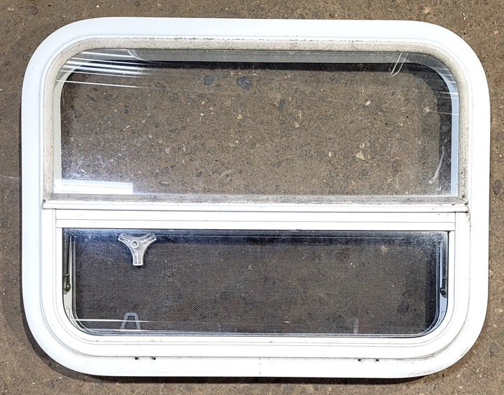 Used White Radius Opening Window : 23 1/2" W x 17 1/2" H x 1 7/8" D - Young Farts RV Parts
