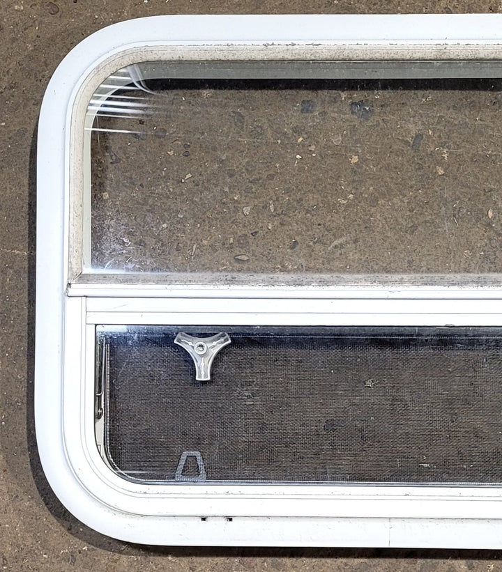 Used White Radius Opening Window : 23 1/2" W x 17 1/2" H x 1 7/8" D - Young Farts RV Parts