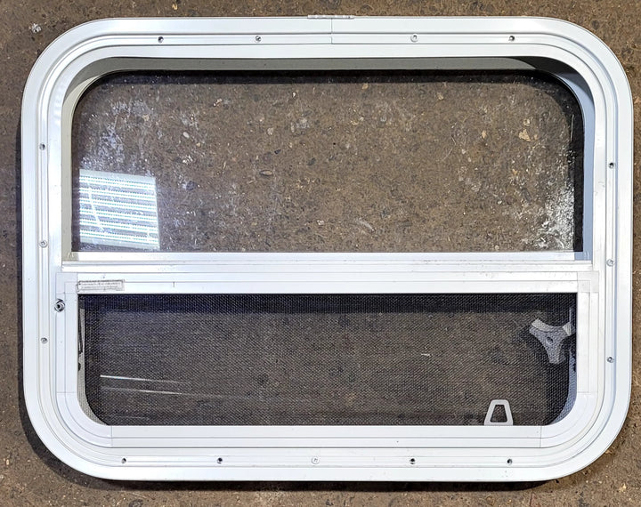 Used White Radius Opening Window : 23 1/2" W x 17 1/2" H x 1 7/8" D - Young Farts RV Parts