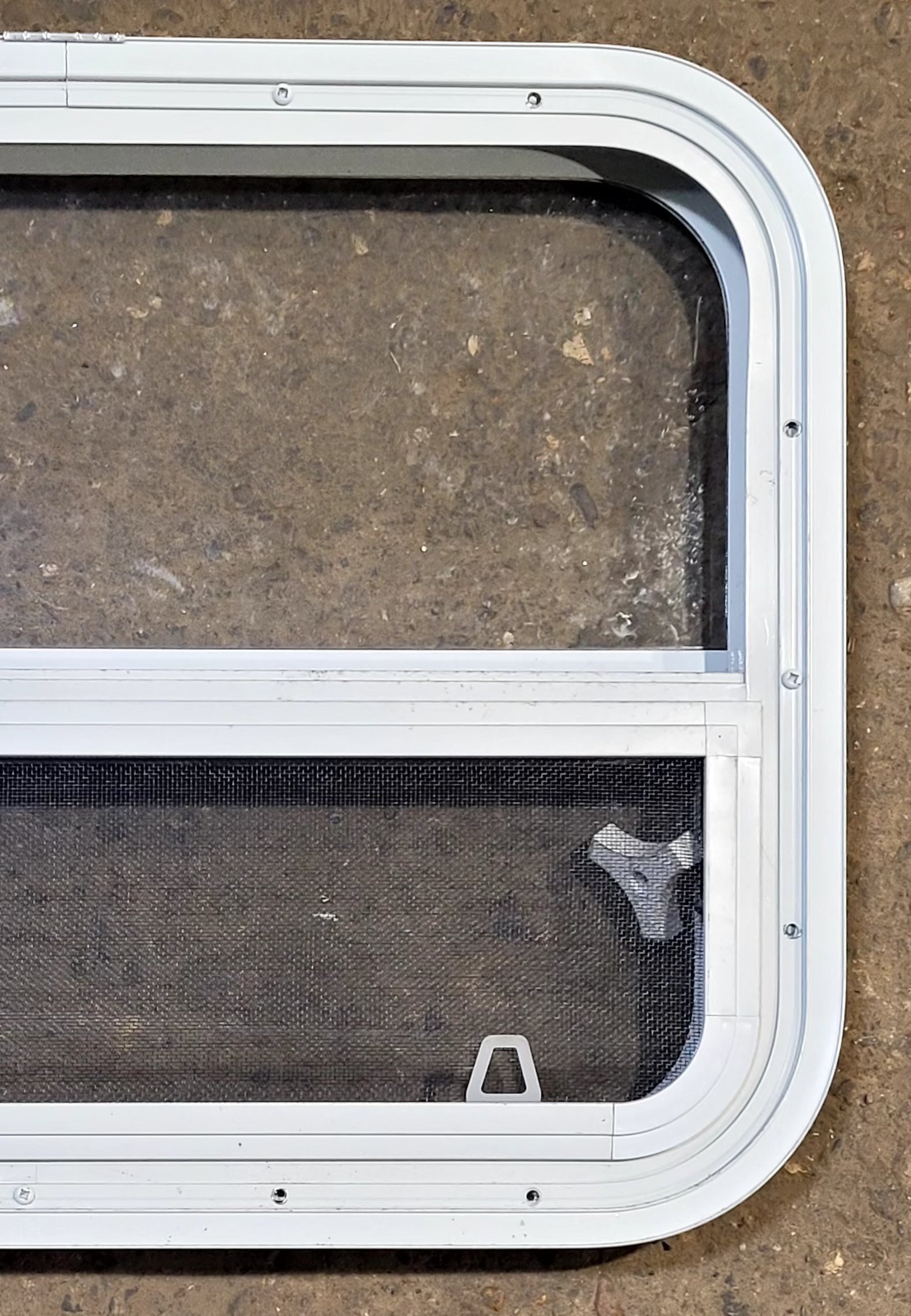 Used White Radius Opening Window : 23 1/2" W x 17 1/2" H x 1 7/8" D - Young Farts RV Parts