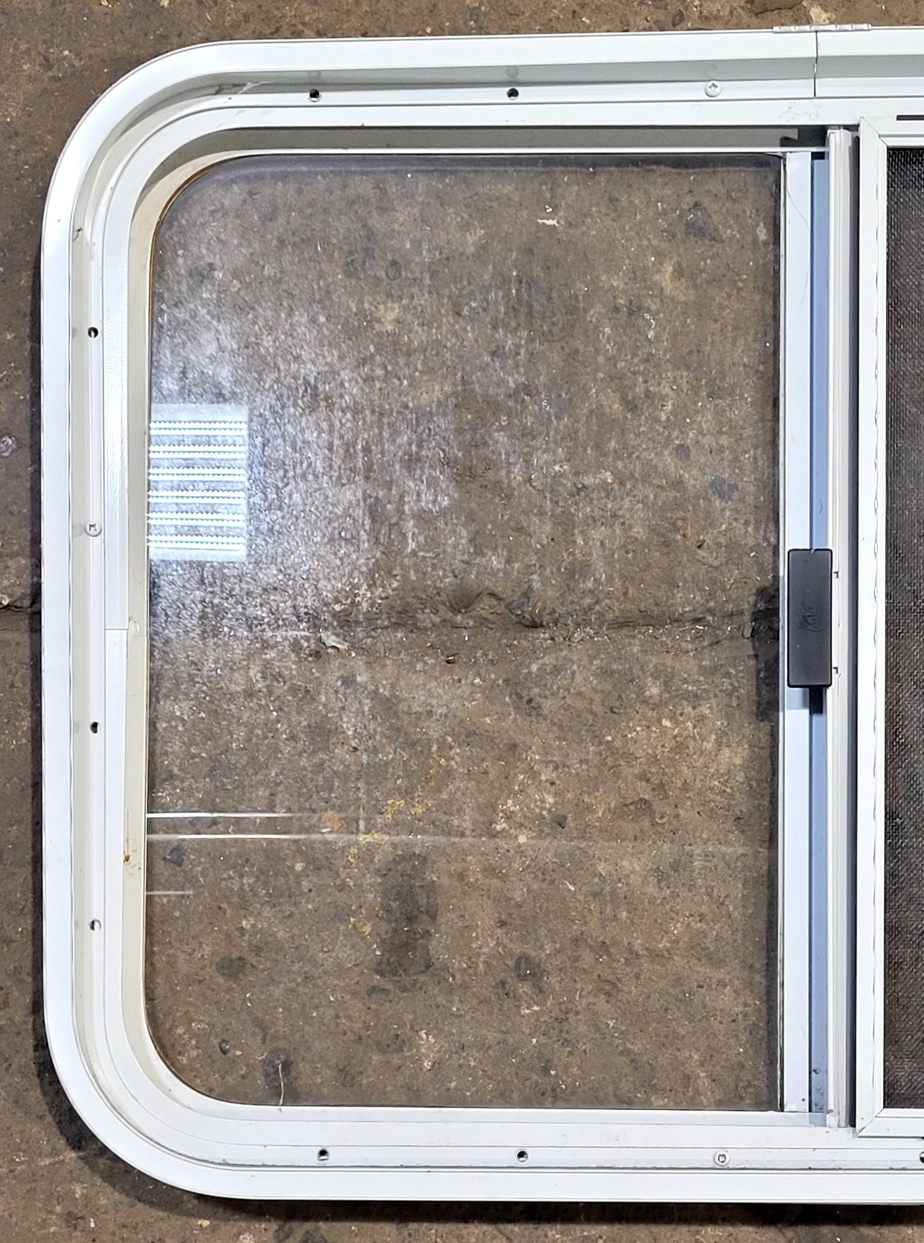 Used White Radius Opening Window : 29 1/2" W x 21 1/2" H x 1 7/8" D - Young Farts RV Parts