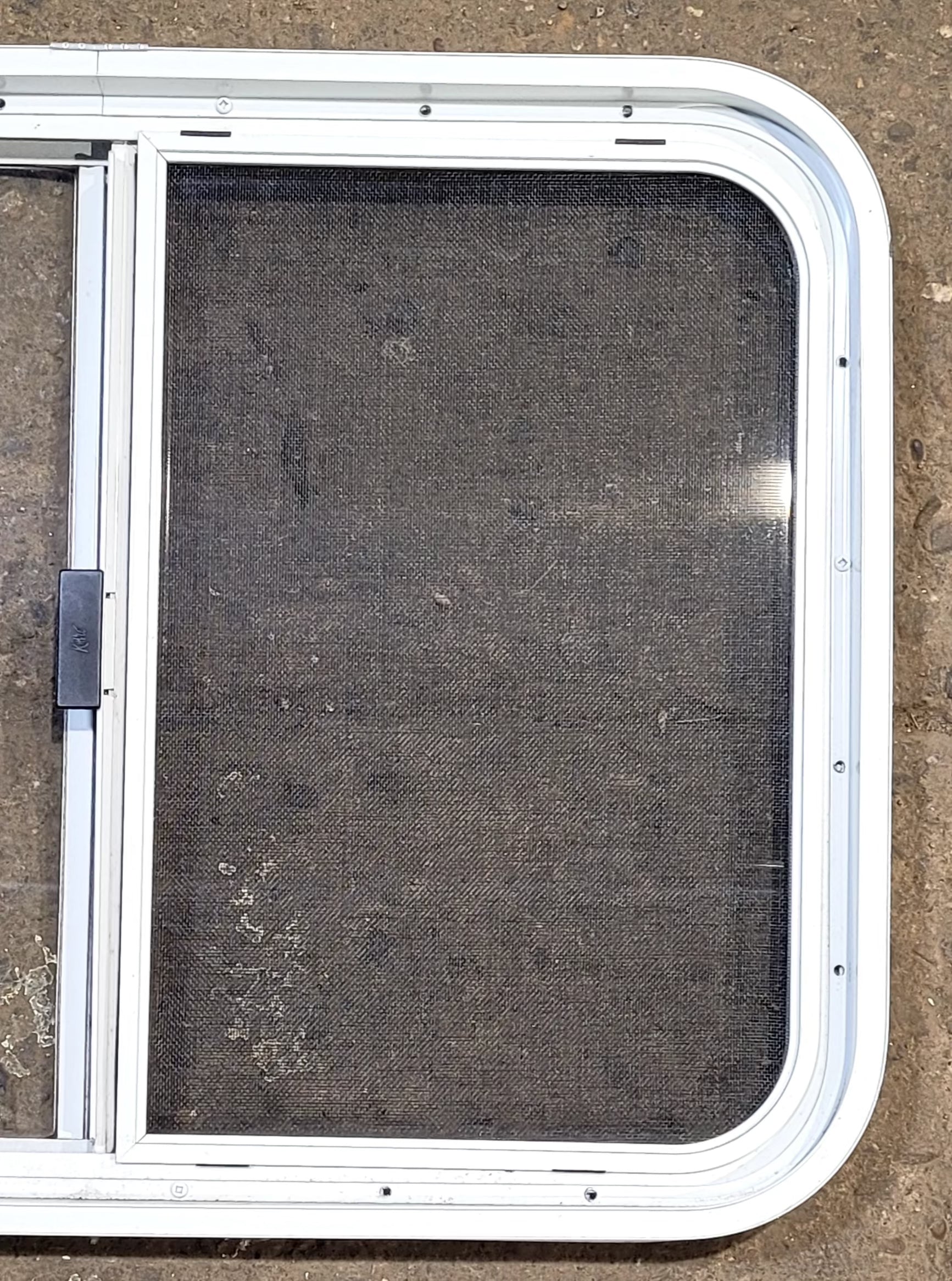 Used White Radius Opening Window : 29 1/2" W x 21 1/2" H x 1 7/8" D - Young Farts RV Parts