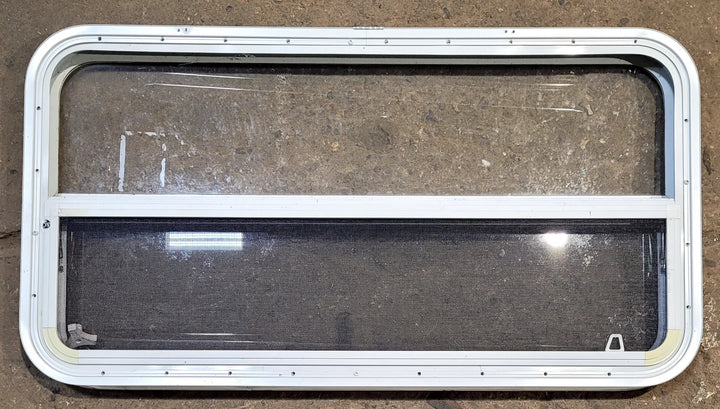 Used White Radius Opening Window : 41 1/2" W x 21 1/2" H x 1 7/8" D - Young Farts RV Parts