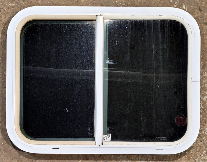 Used White Radius Opening Window : 23 1/2" W x 17 1/2" H x 1 3/4" D - Young Farts RV Parts
