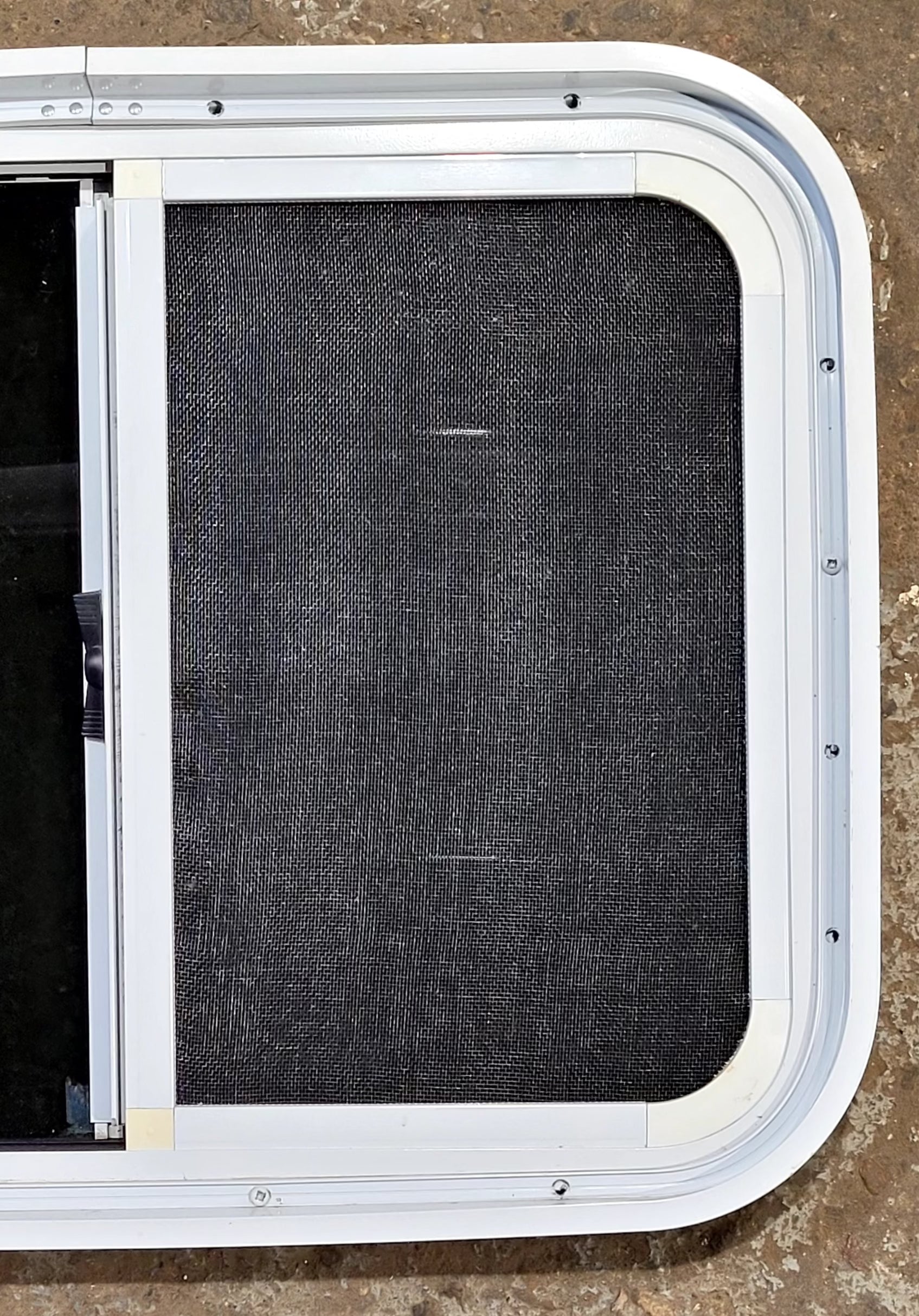 Used White Radius Opening Window : 23 1/2" W x 17 1/2" H x 1 3/4" D - Young Farts RV Parts