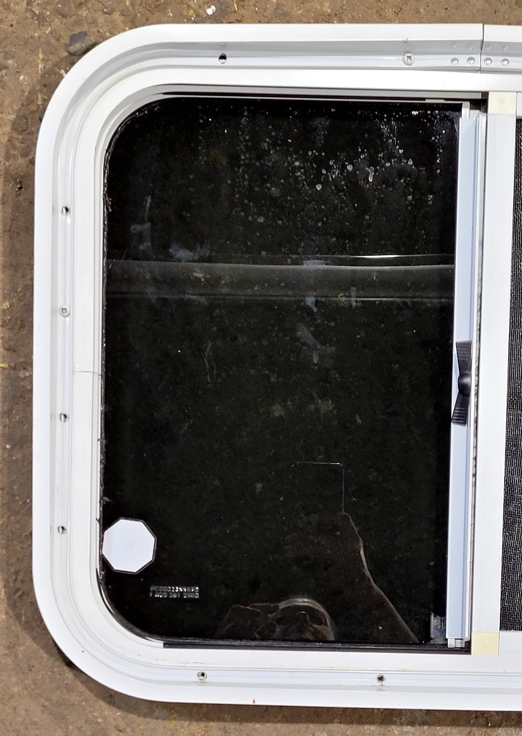 Used White Radius Opening Window : 23 1/2" W x 17 1/2" H x 1 3/4" D - Young Farts RV Parts