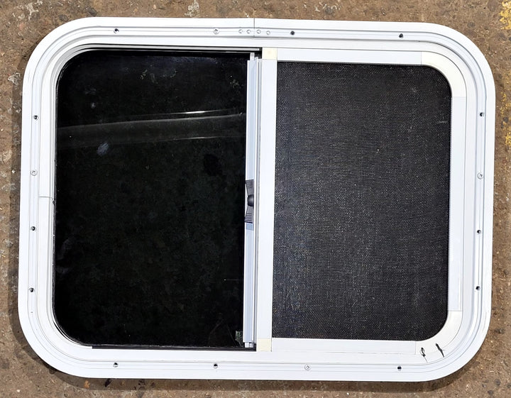 Used White Radius Opening Window : 23 1/2" W x 17 1/2" H x 1 1/4" D - Young Farts RV Parts