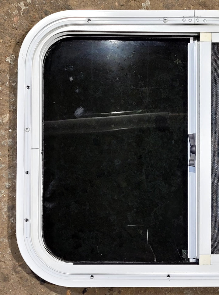 Used White Radius Opening Window : 23 1/2" W x 17 1/2" H x 1 1/4" D - Young Farts RV Parts