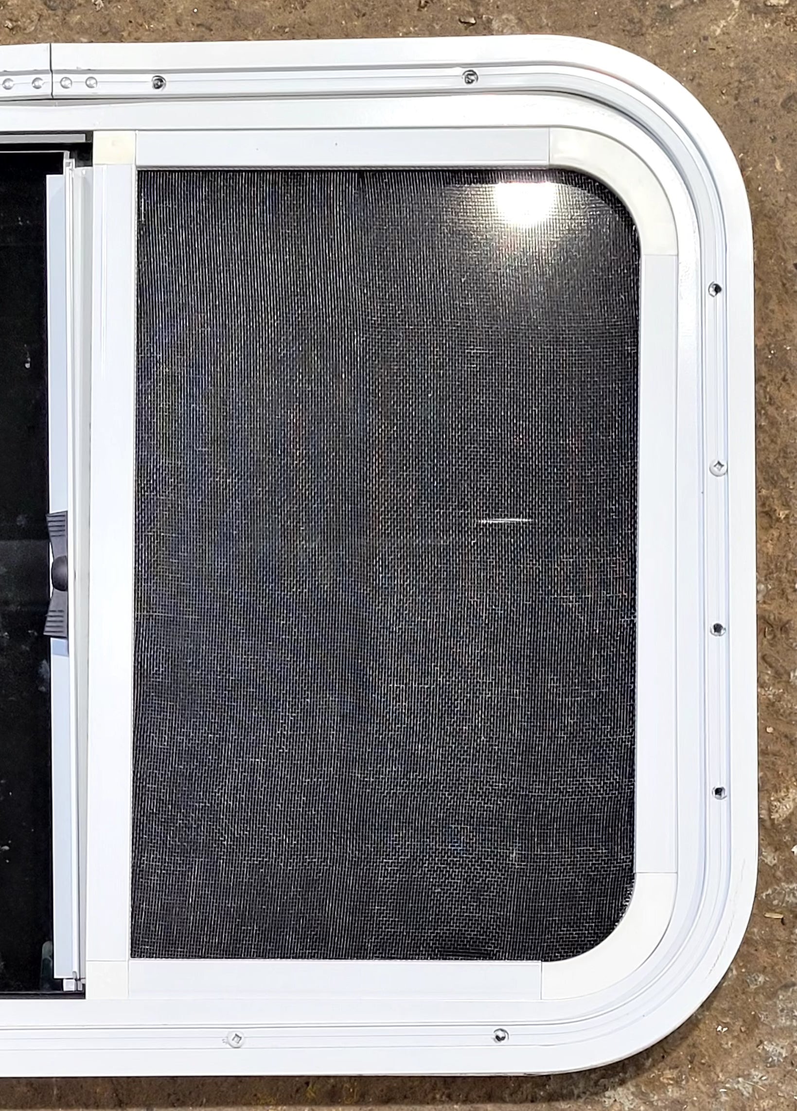 Used White Radius Opening Window : 23 1/2" W x 17 1/2" H x 1 1/4" D - Young Farts RV Parts