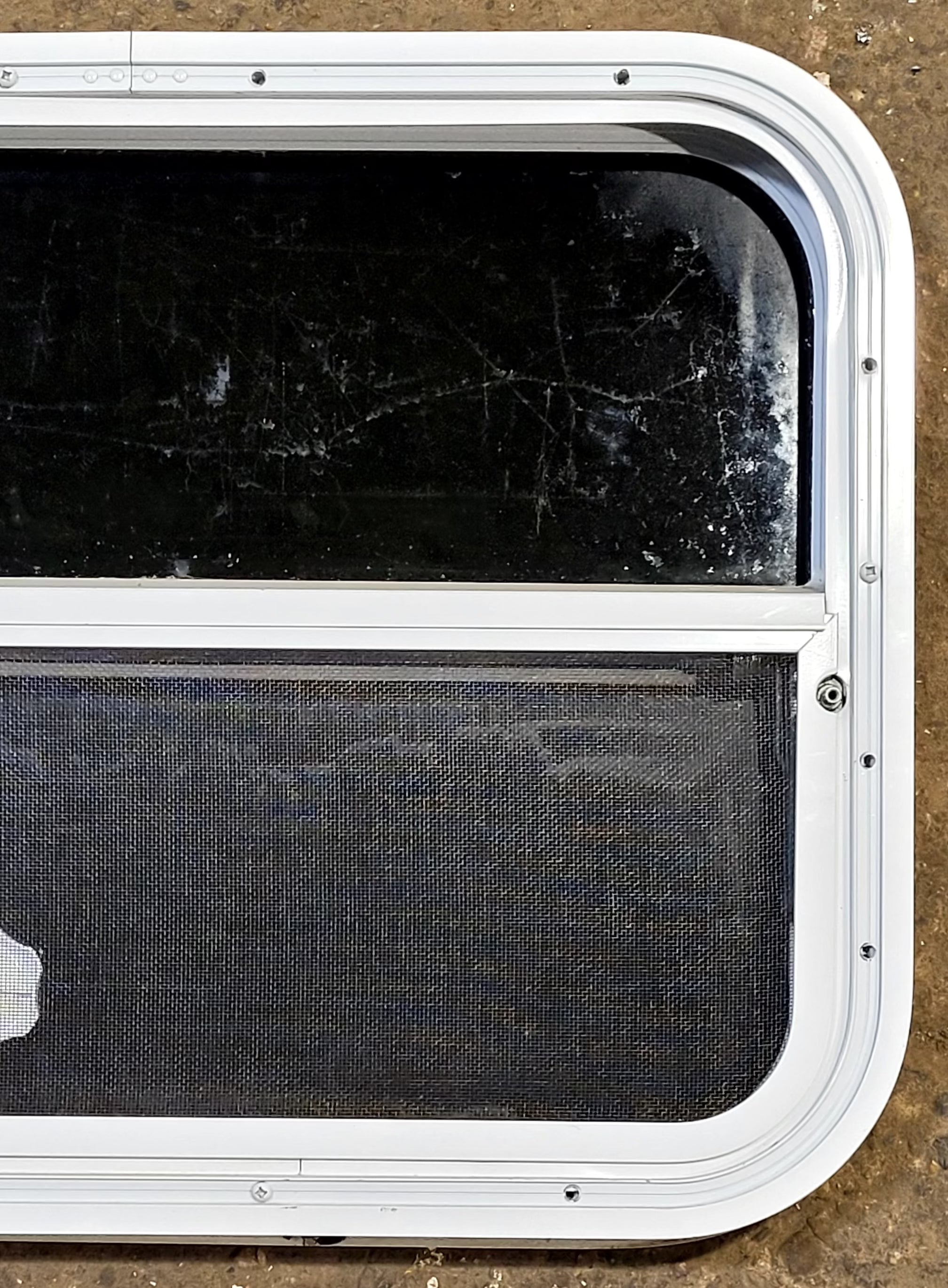 Used White Radius Opening Window : 23 1/2" W x 17 1/2" H x 1 1/2" D - Young Farts RV Parts