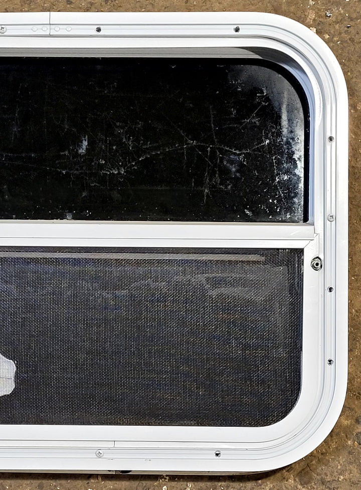 Used White Radius Opening Window : 23 1/2" W x 17 1/2" H x 1 1/2" D - Young Farts RV Parts