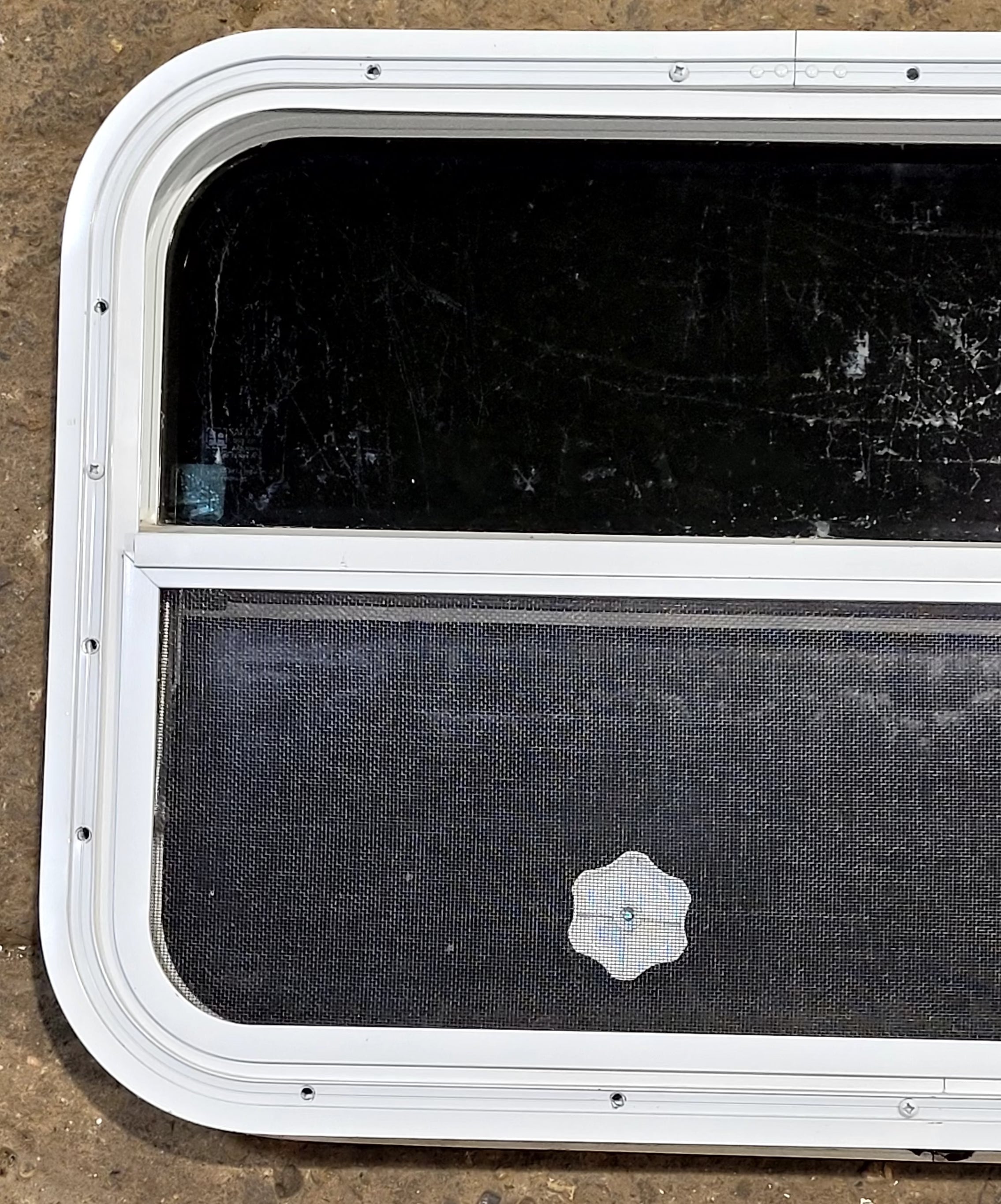 Used White Radius Opening Window : 23 1/2" W x 17 1/2" H x 1 1/2" D - Young Farts RV Parts