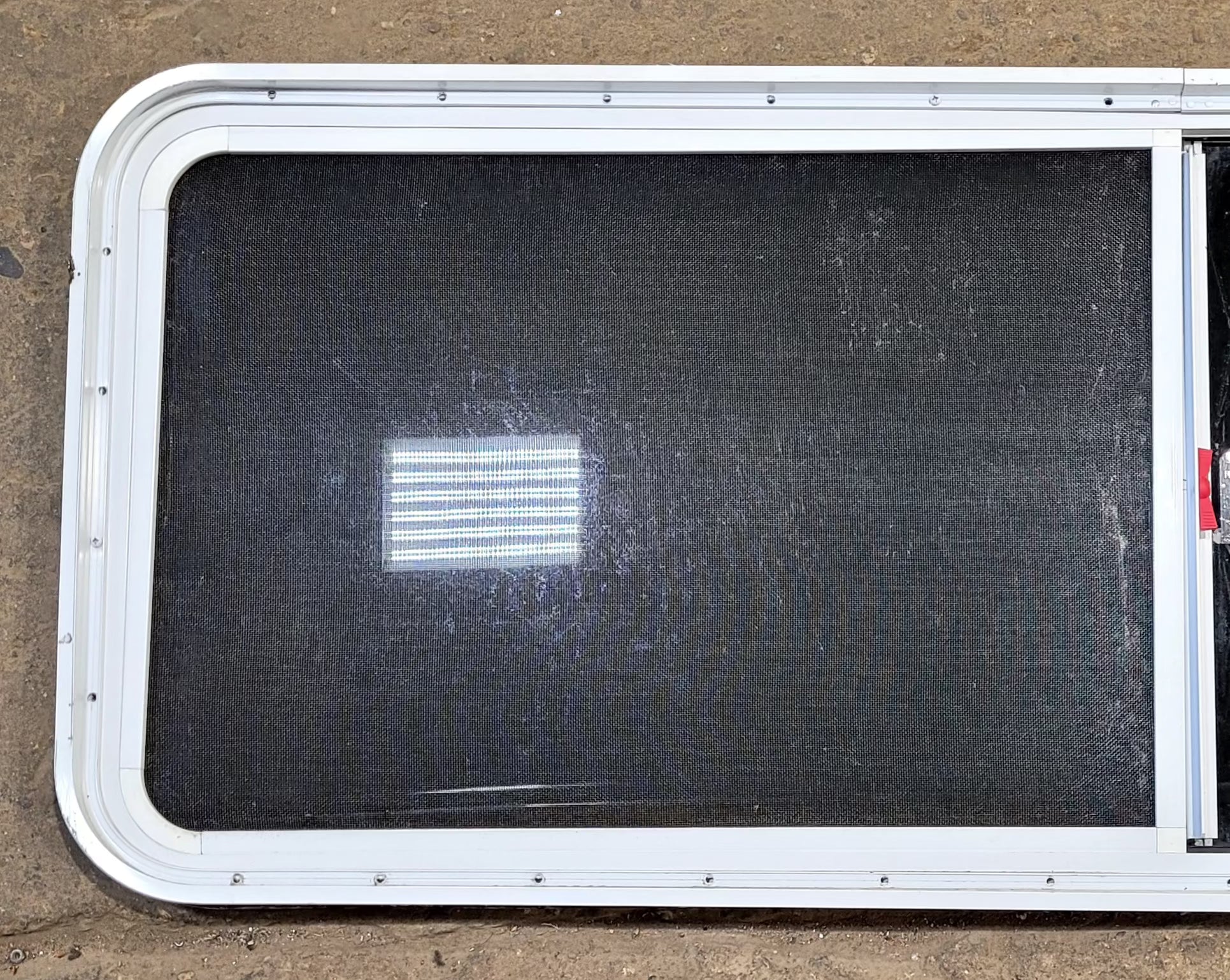 Used White Radius Emergency Opening Window : 59 1/2" W x 21 1/2" H x 1 3/4" D - Young Farts RV Parts