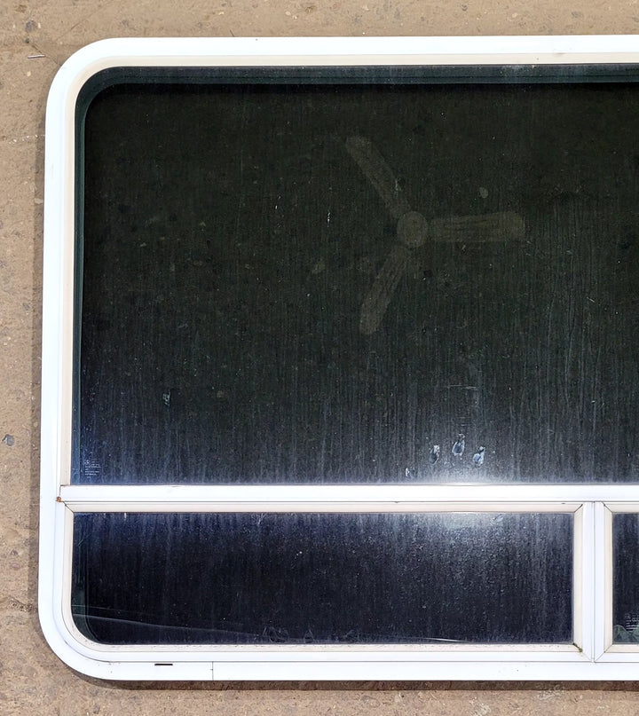 Used White Radius Opening Window : 59 1/2" W x 34 1/2" H x 1 3/4" D - Young Farts RV Parts