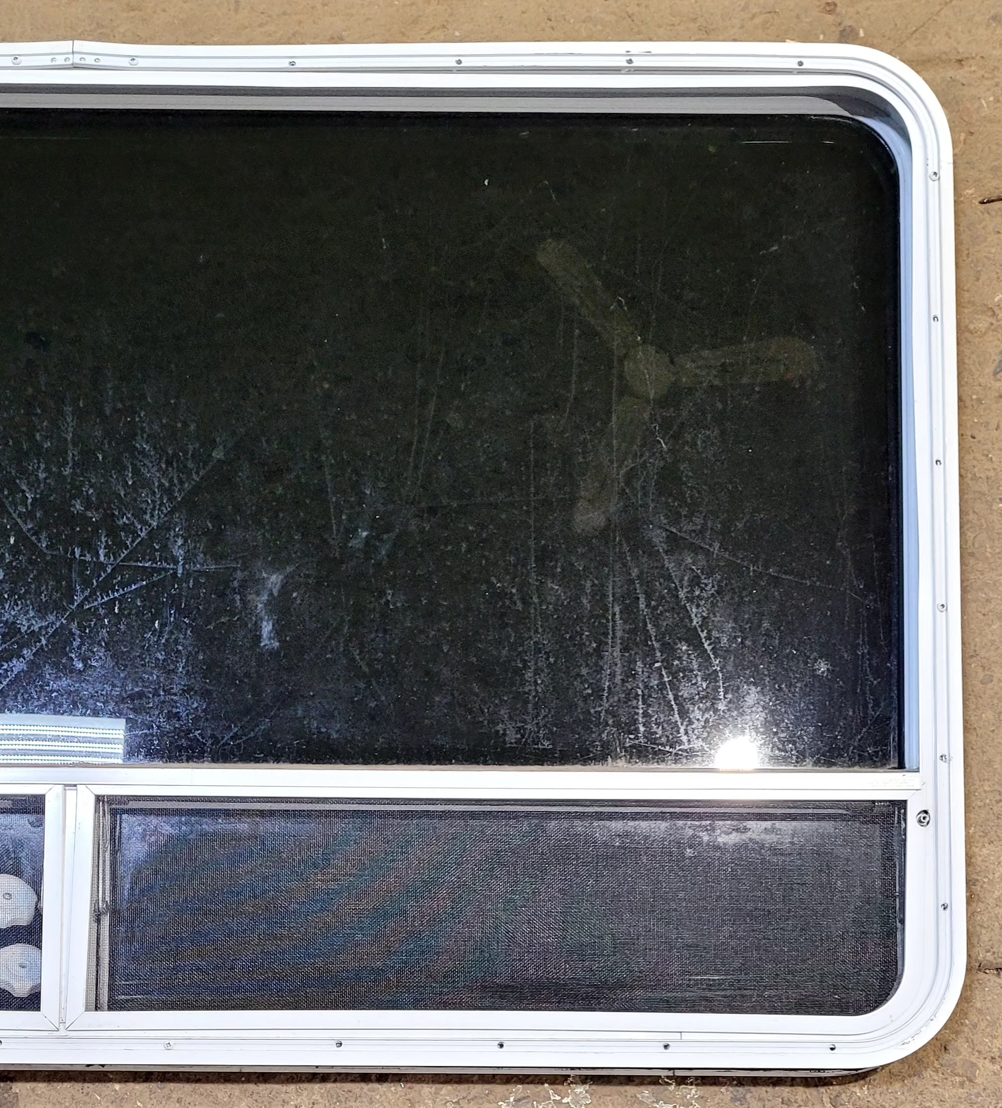 Used White Radius Opening Window : 59 1/2" W x 34 1/2" H x 1 3/4" D - Young Farts RV Parts