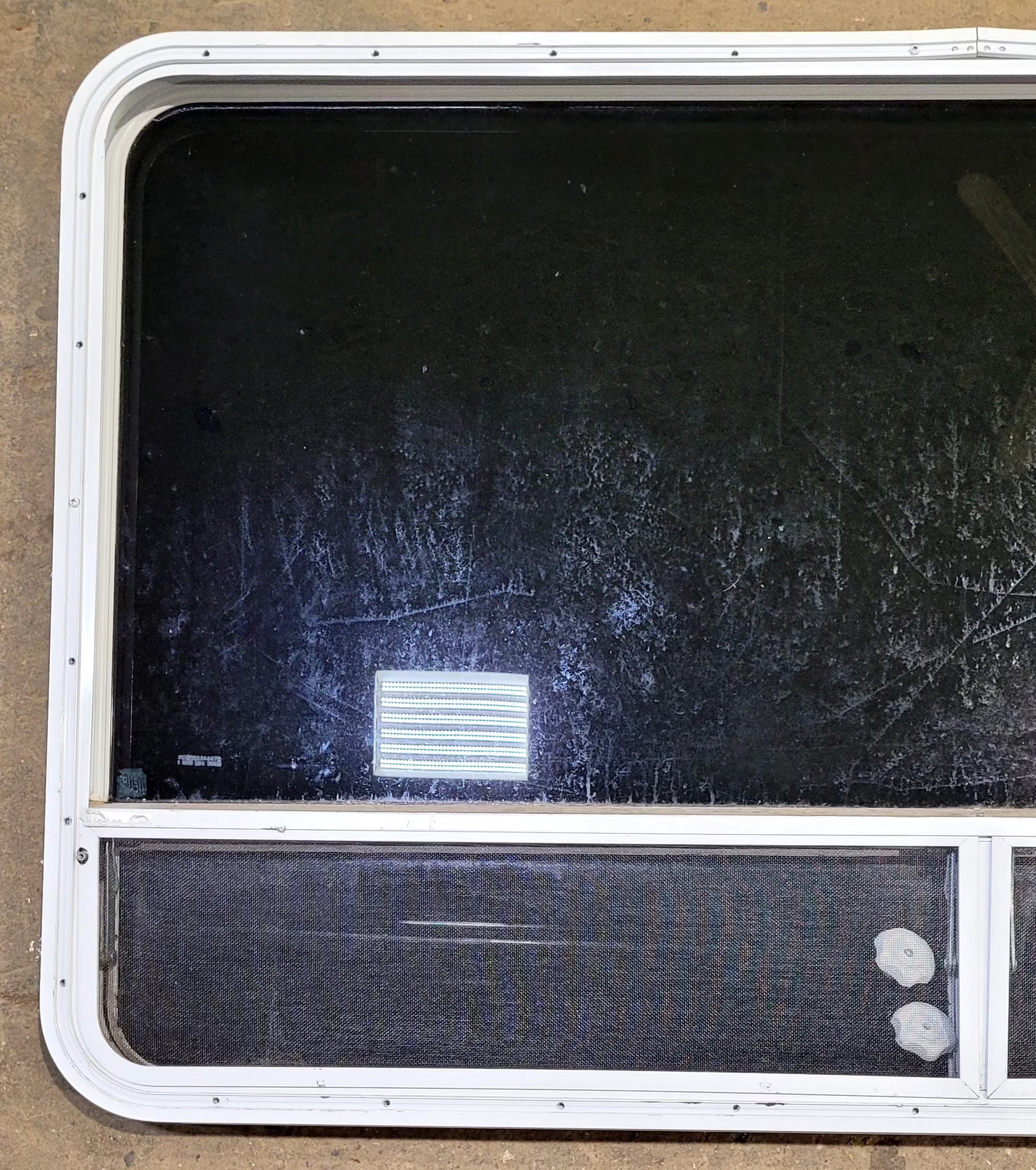 Used White Radius Opening Window : 59 1/2" W x 34 1/2" H x 1 3/4" D - Young Farts RV Parts