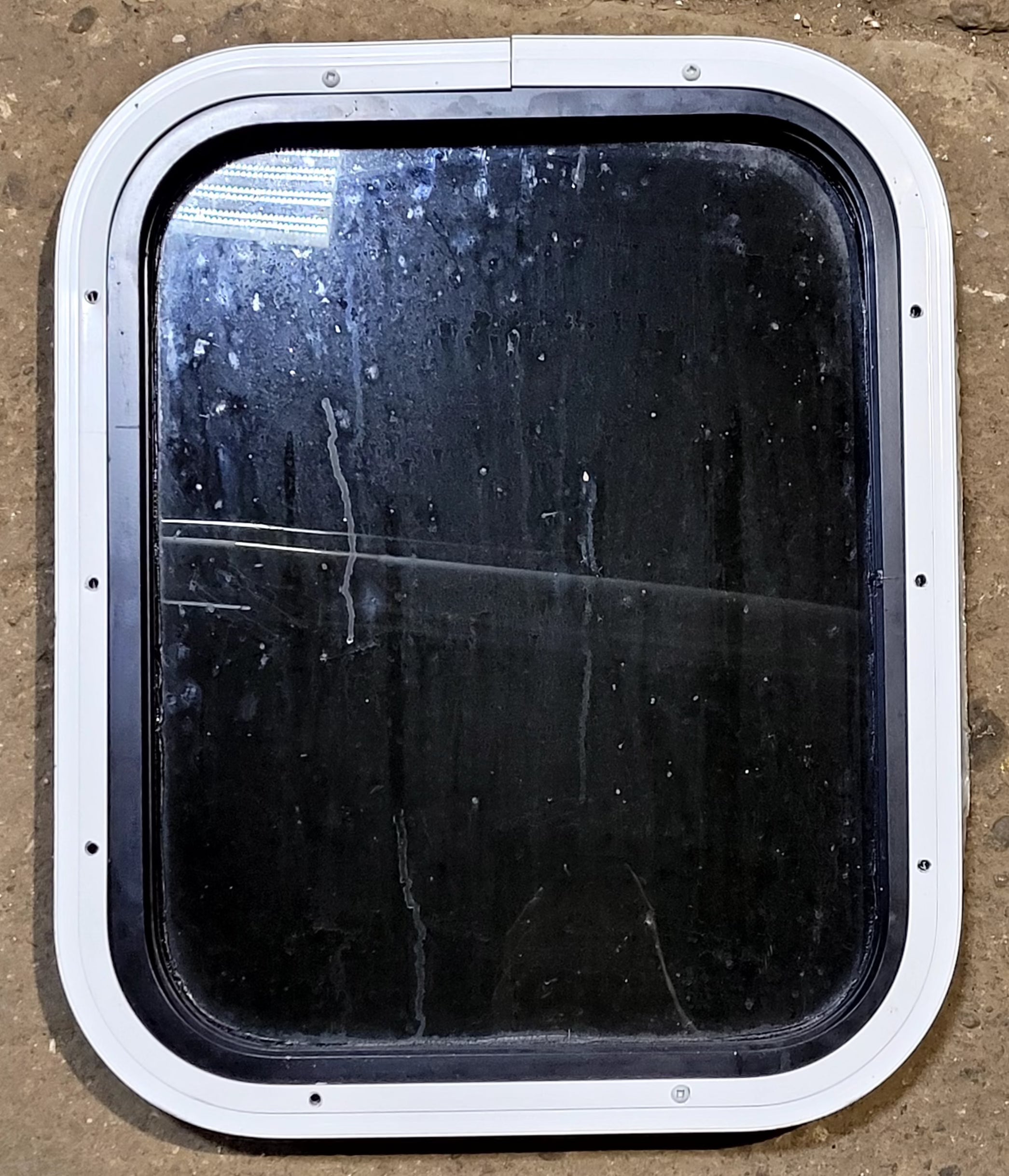 Used Black Radius Non Opening Window : 14 3/4" W x 18 1/4" H x 1 1/8" D - Young Farts RV Parts
