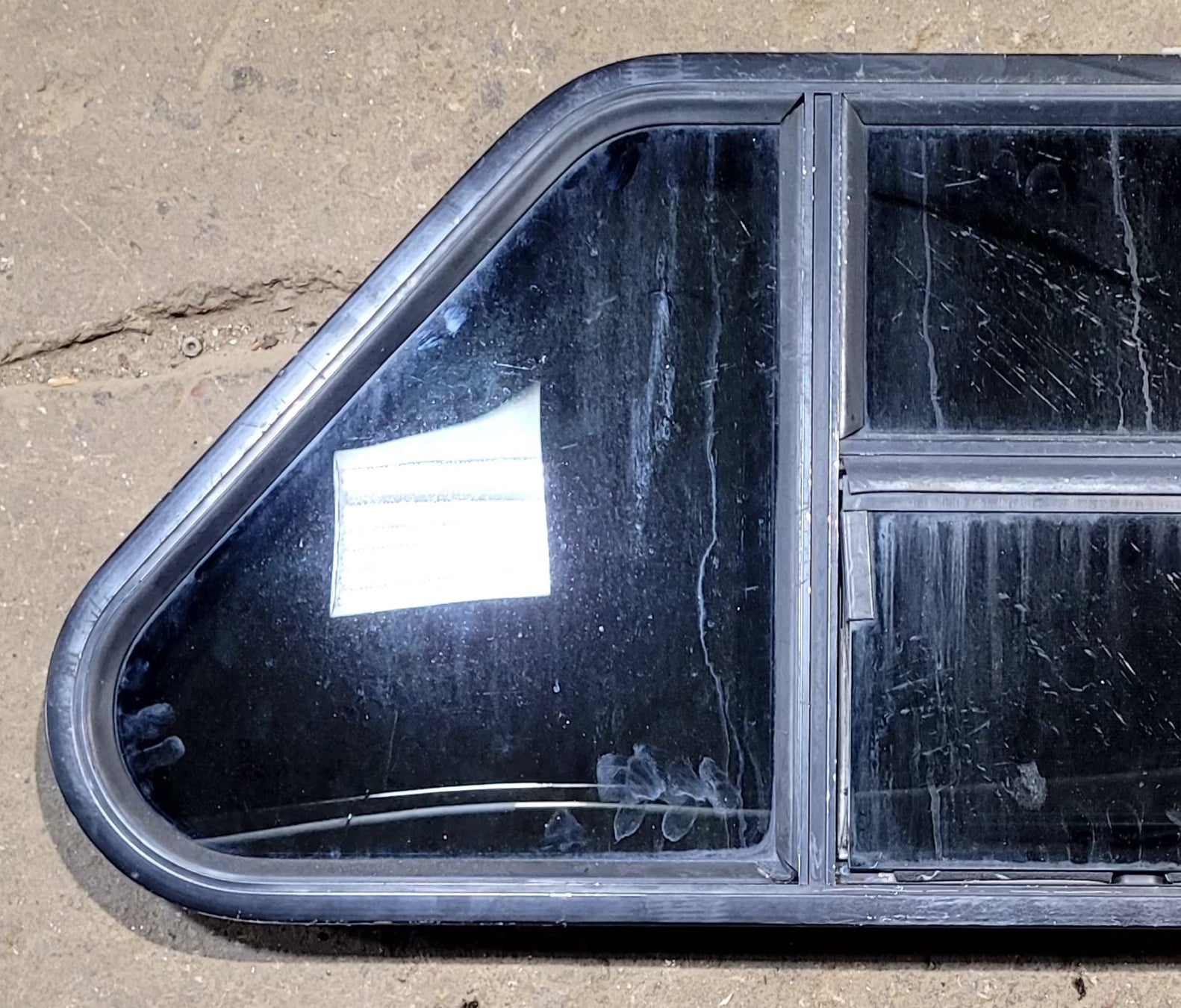 Used Slanted Black Radius Opening Window : 35 1/2" W x 14 3/4" H x 1 1/8" D