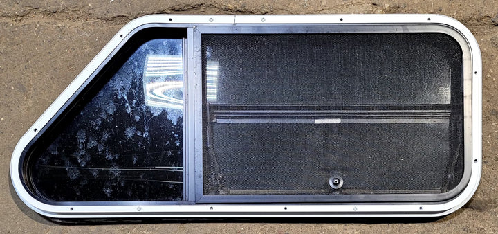 Used Slanted Black Radius Opening Window : 35 1/2" W x 14 3/4" H x 1 1/8" D - Young Farts RV Parts