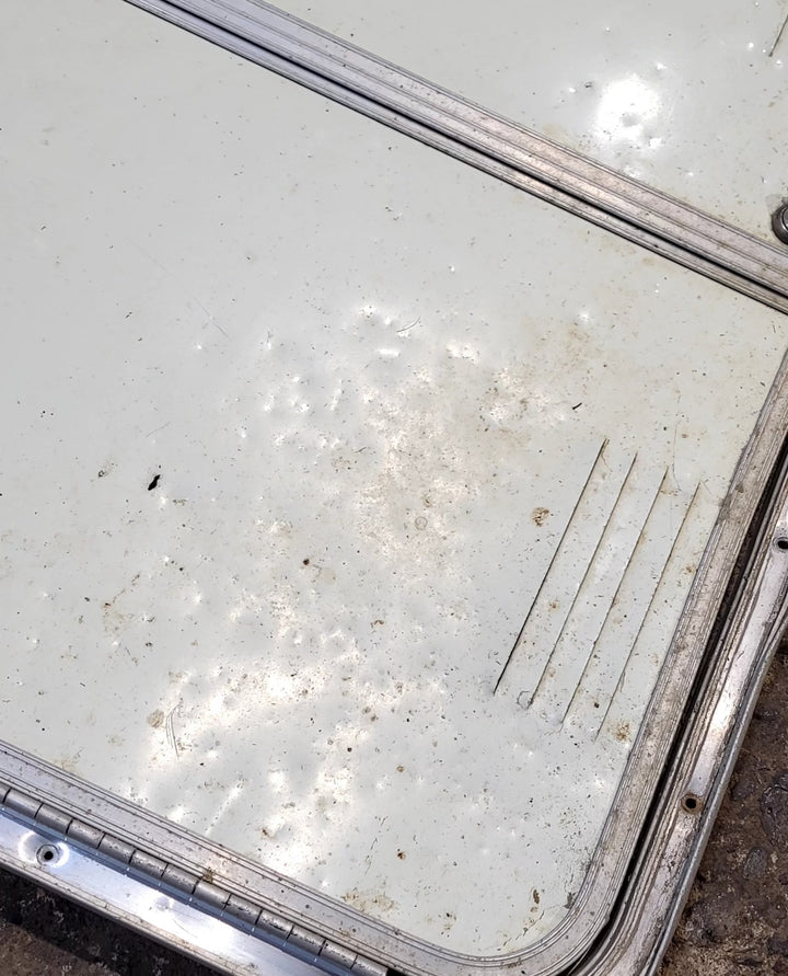 Used Radius Cornered Battery / Propane Cargo Door 27 3/4" x 26" x 3/4" D - Young Farts RV Parts