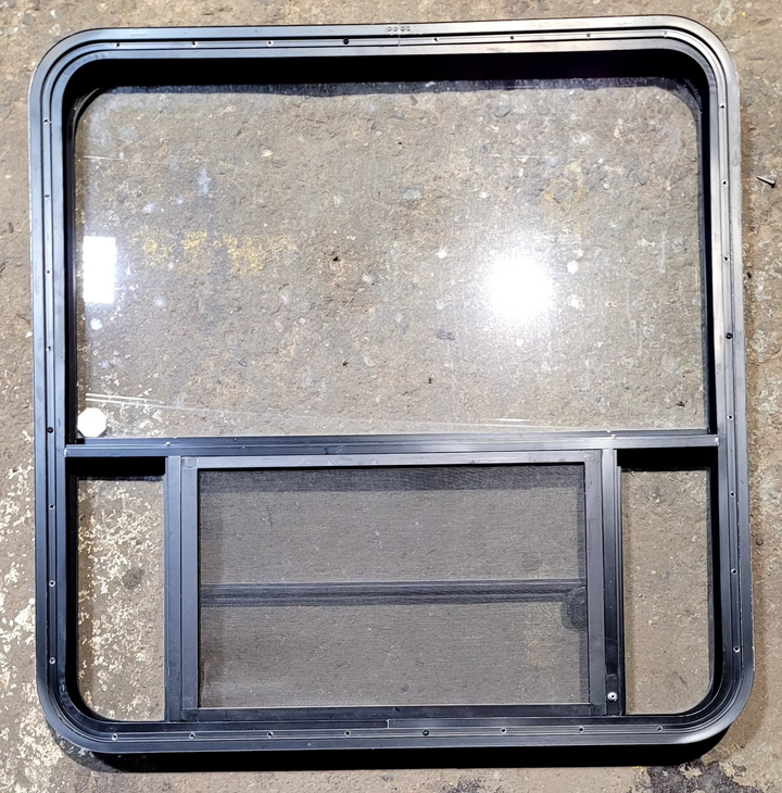 Used Black Radius Opening Window : 35 1/4" W x 36 1/4" H x 1 3/4" - Young Farts RV Parts