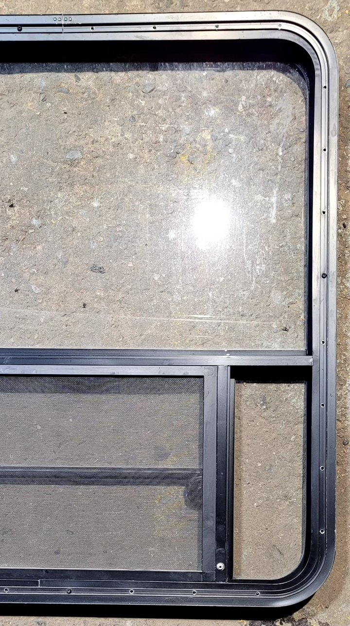 Used Black Radius Opening Window : 35 1/4" W x 36 1/4" H x 1 3/4" - Young Farts RV Parts