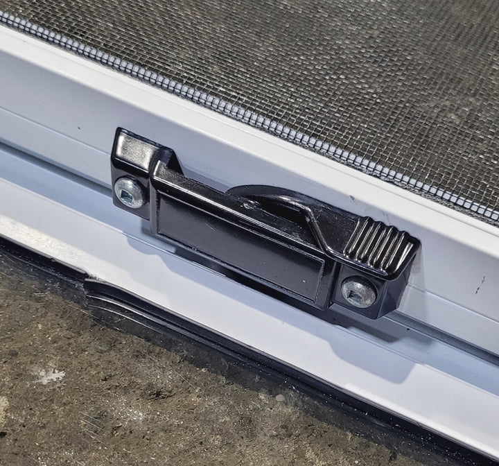 Used Slanted White Radius Opening Window : 37" W x 18 1/2" H x 1 7/8" D - Young Farts RV Parts