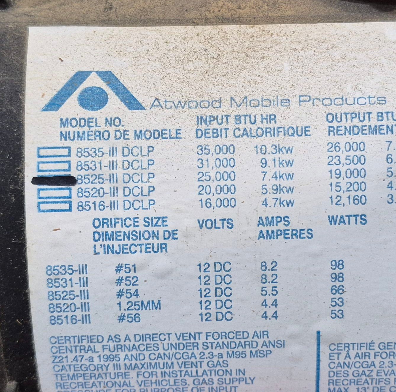 25,000 BTU Used 8525 III DCLP Atwood / Hydro Flame RV Propane Furnace - Young Farts RV Parts