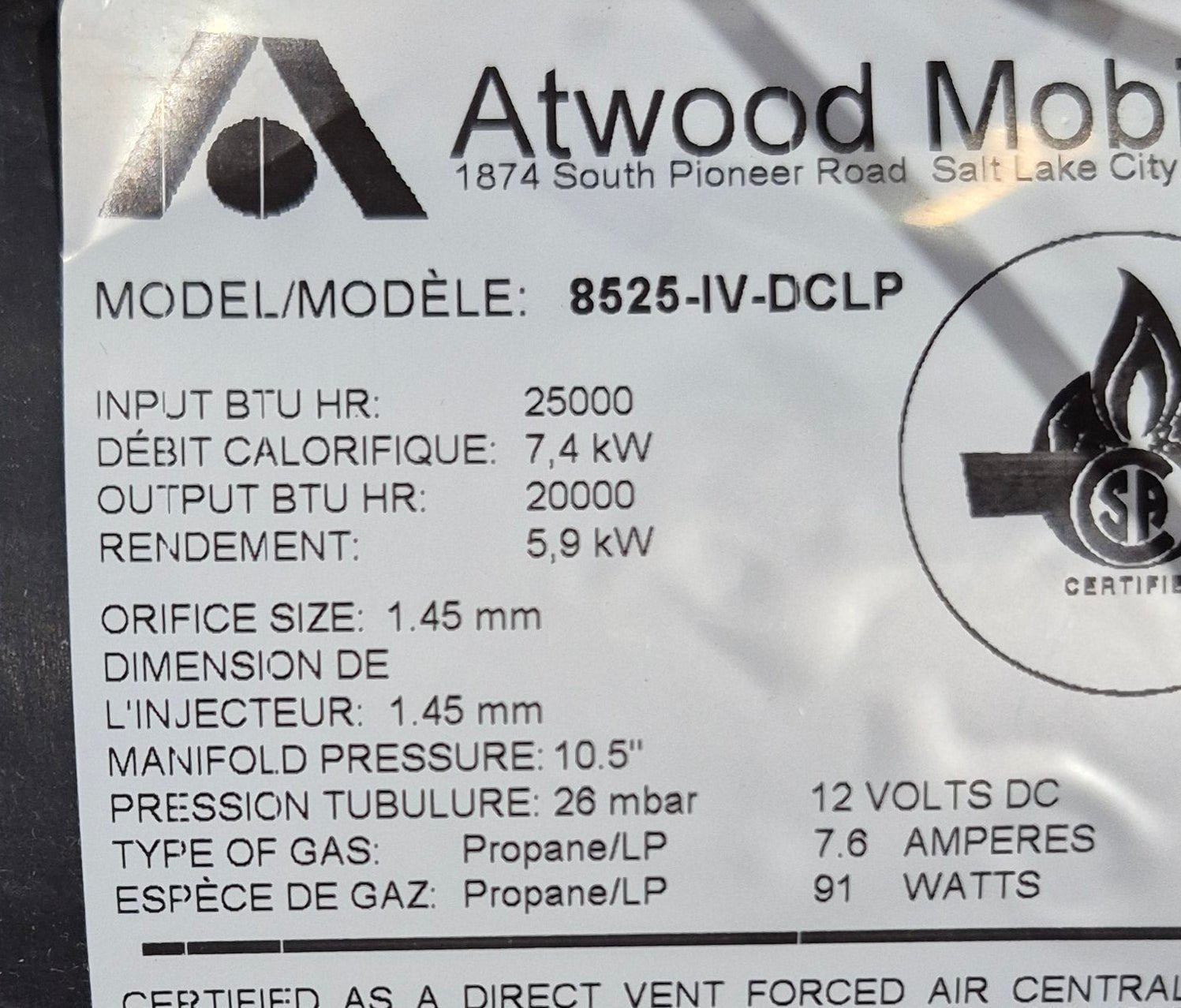 25,000 BTU USED 8525 - IV - DCLP Atwood / Hydro Flame RV Propane Furnace - Young Farts RV Parts