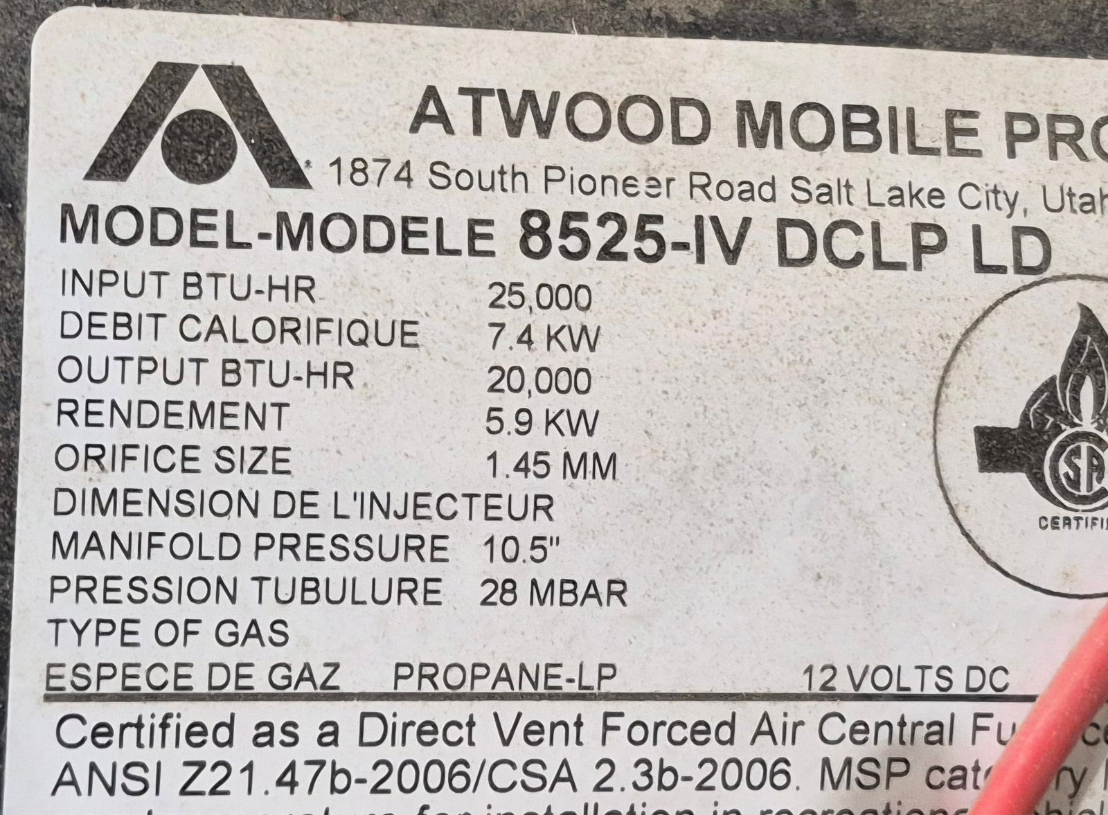 25,000 BTU USED 8525 - IV - DCLP Atwood / Hydro Flame RV Propane Furnace - Young Farts RV Parts