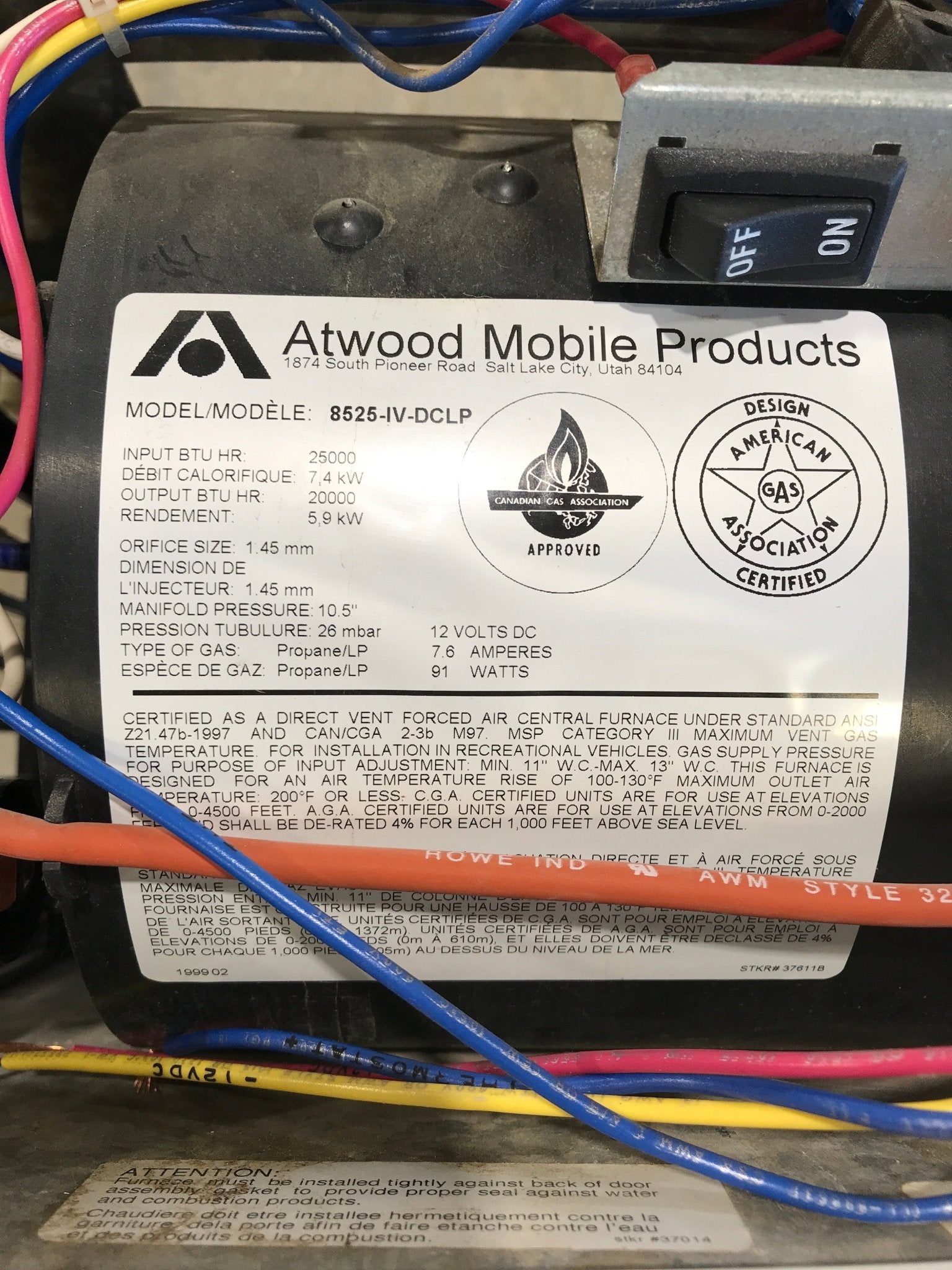 25,000 BTU USED 8525 - IV - DCLP HYDROFLAME RV Propane Furnace - Young Farts RV Parts
