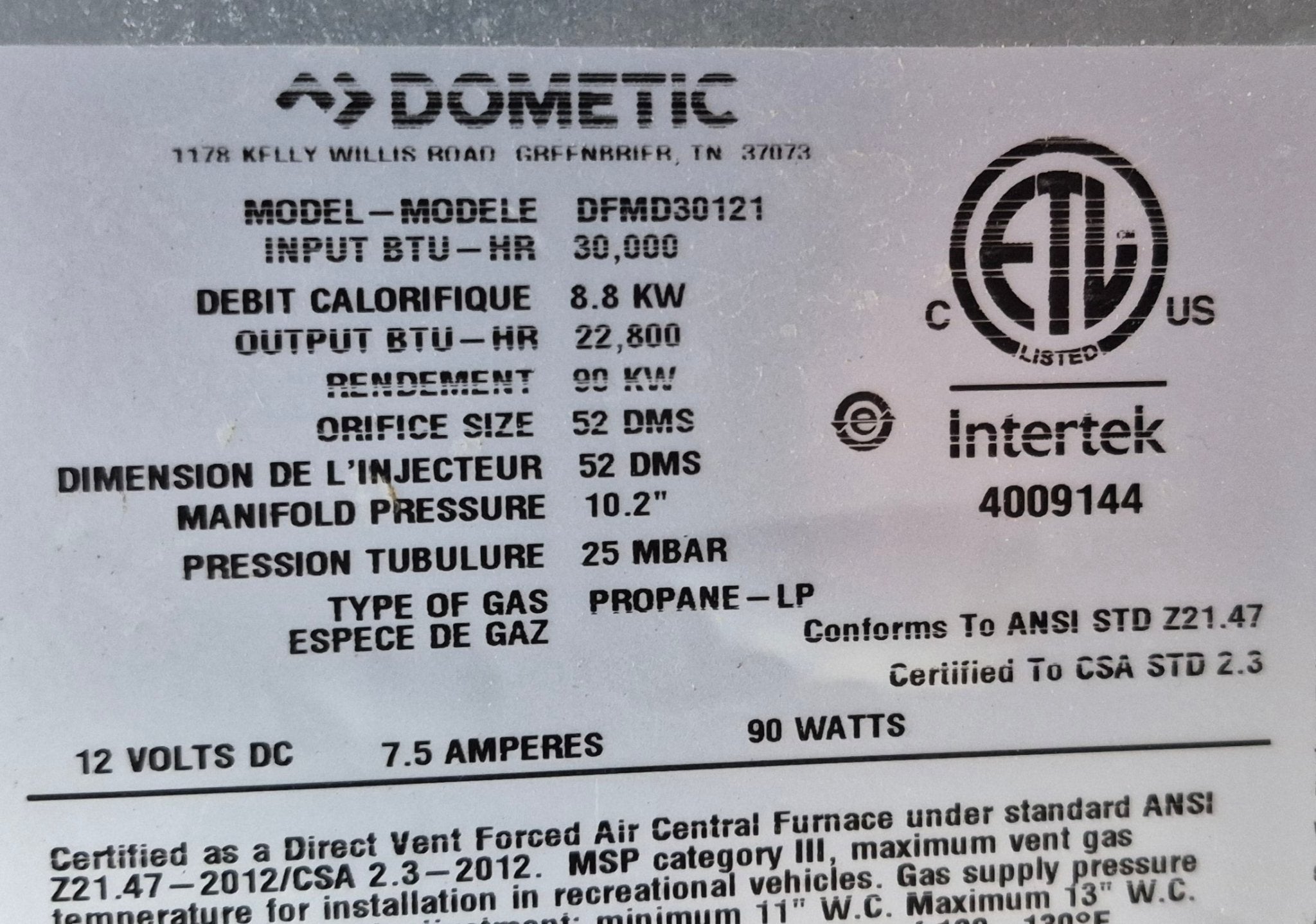 30,000 BTU DOMETIC Furnace DFMD30121 - Young Farts RV Parts