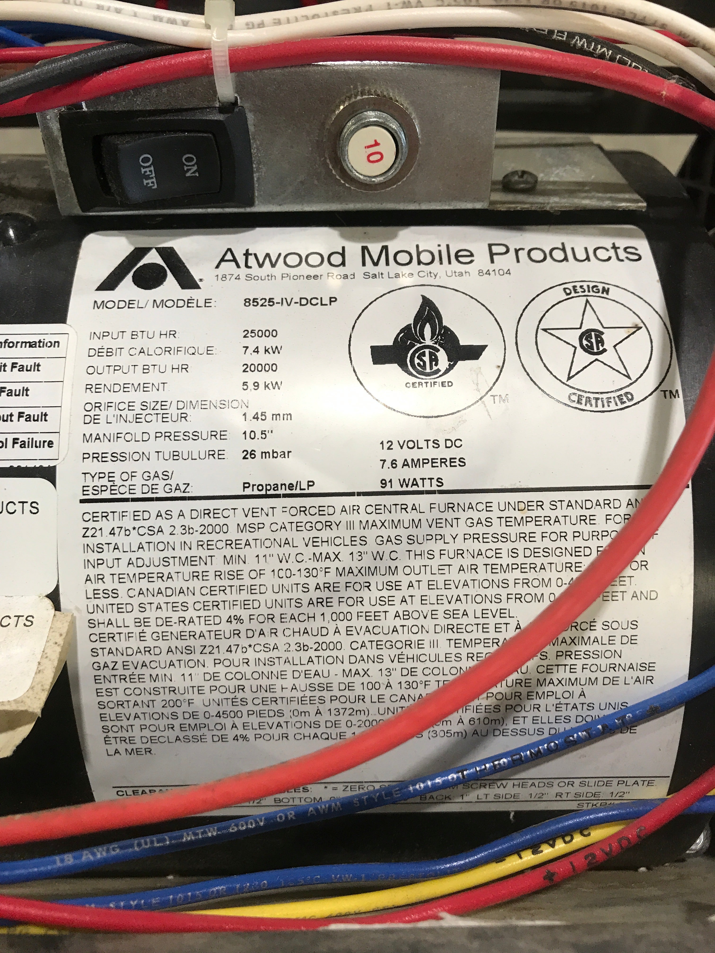 USED 8525 IV DCLP HYDROFLAME RV Propane Furnace - 25000 BTU - Young Farts RV Parts