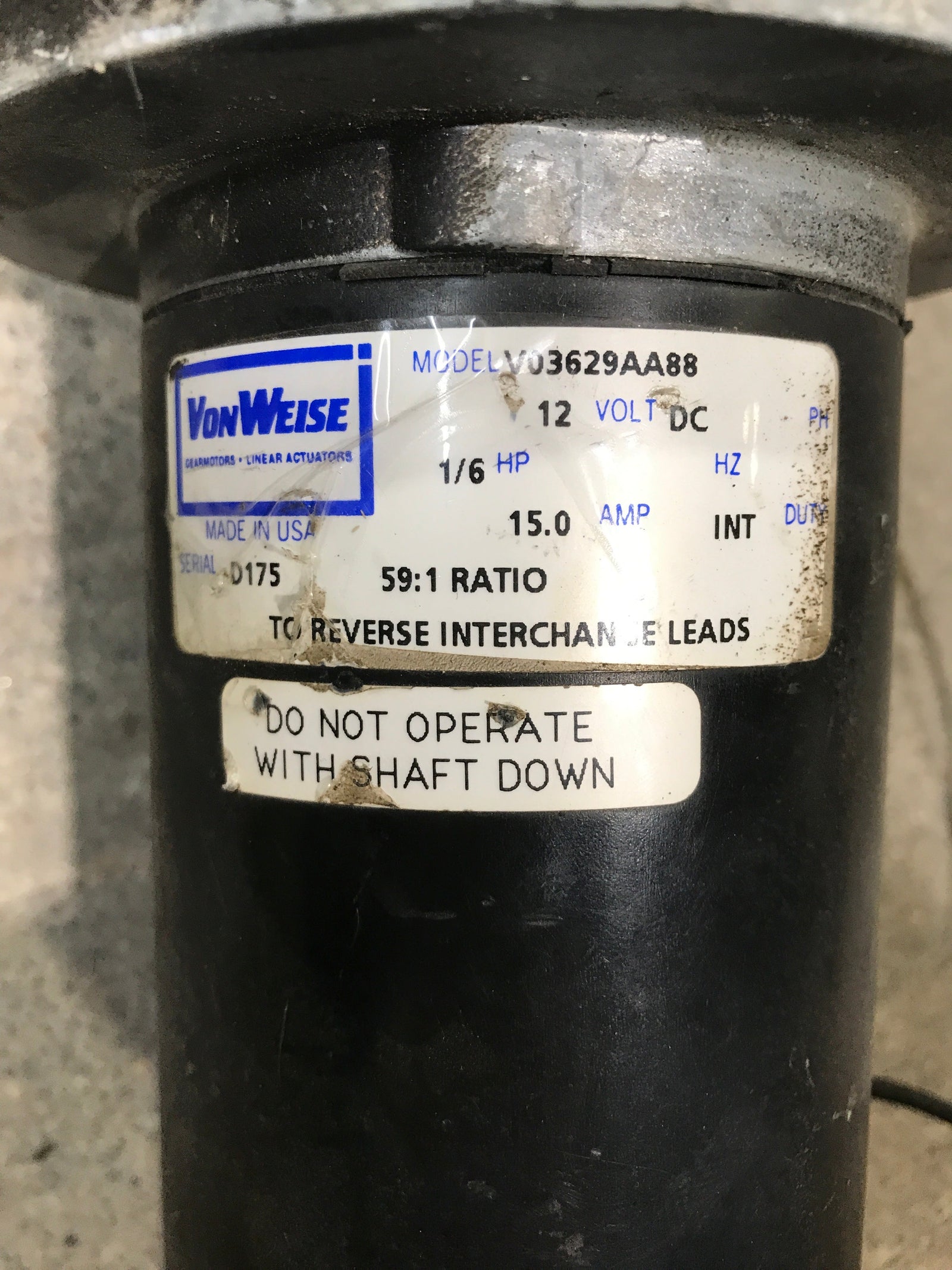 Used Von Weise Jack / Slide Motor For R.V. Trailer Landing Gear 12VDC - V03629AM88
