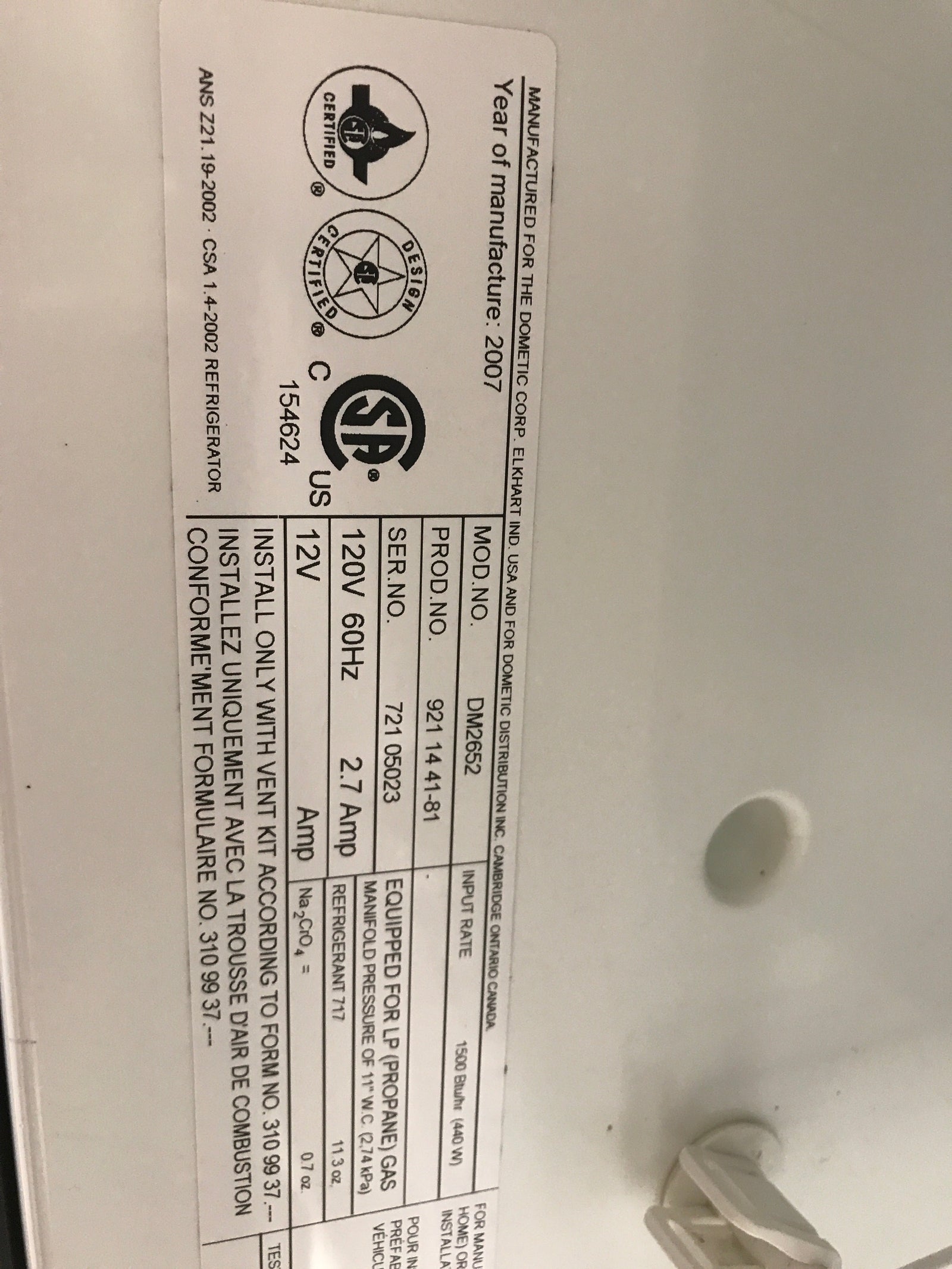Used Complete Dometic Fridge, 2-Way - DM2652