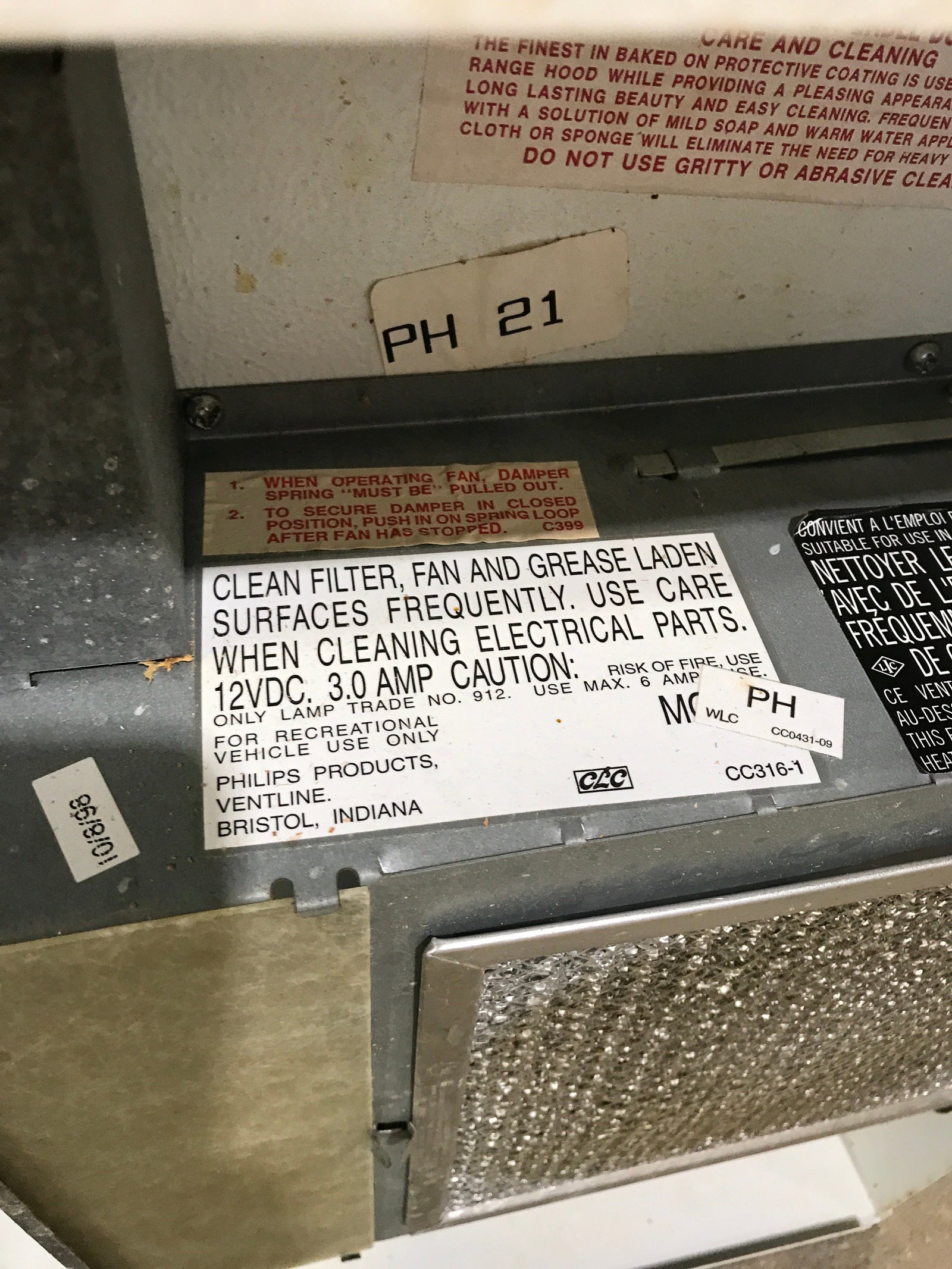 Used Ventline RV Range Hood Fan CC316-1