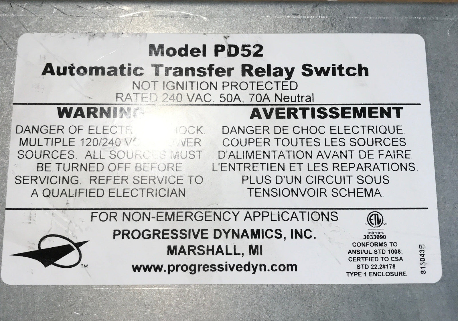 Used Progressive Dynamics Power Transfer Switch 5200 Series, 240 Volt AC/ 50 Amps - PD52