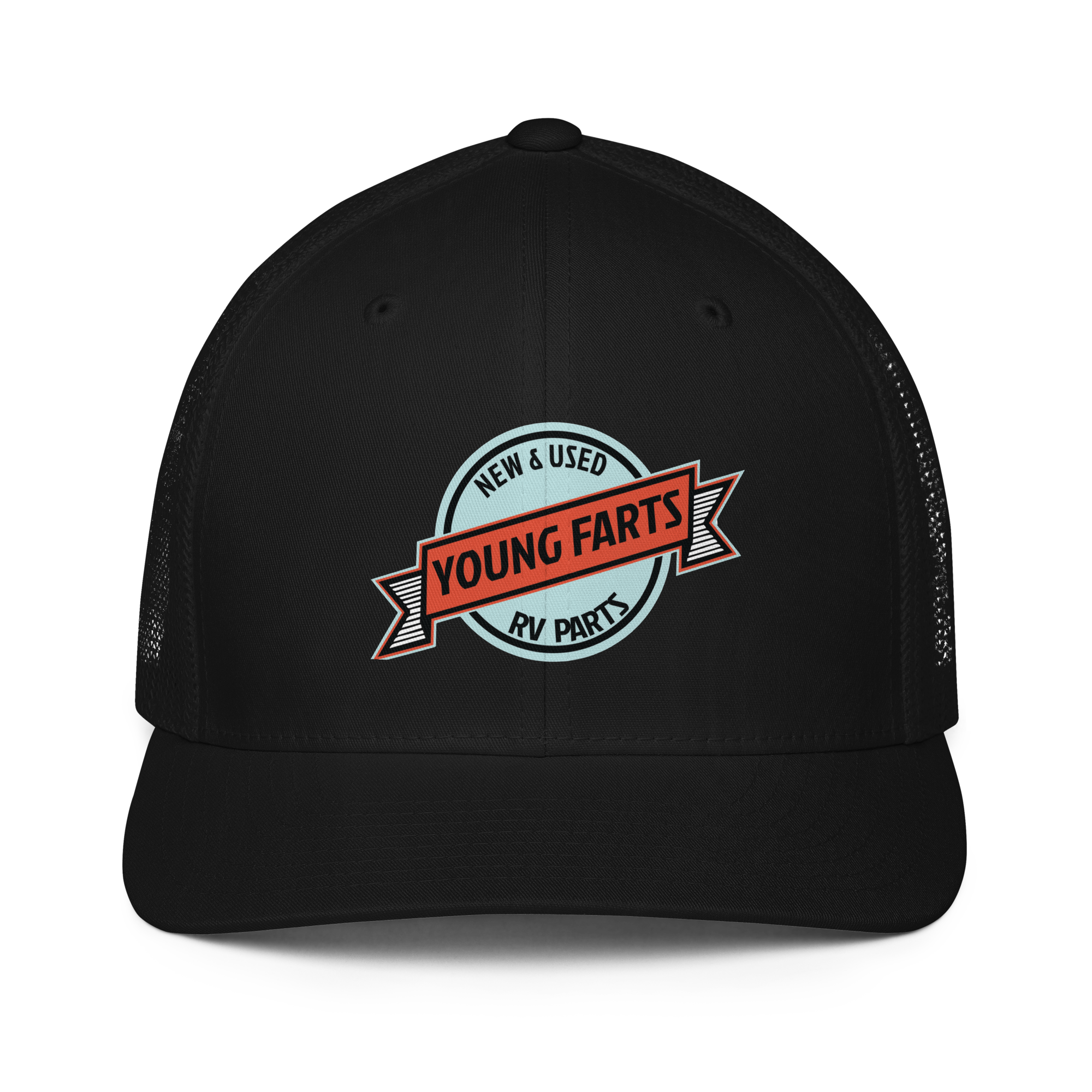 Young Farts Looks Better Dirty Trucker Hat in Black – front view