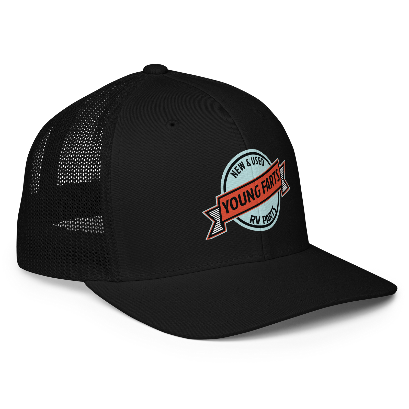 Young Farts Looks Better Dirty Trucker Hat in Black – right-front view