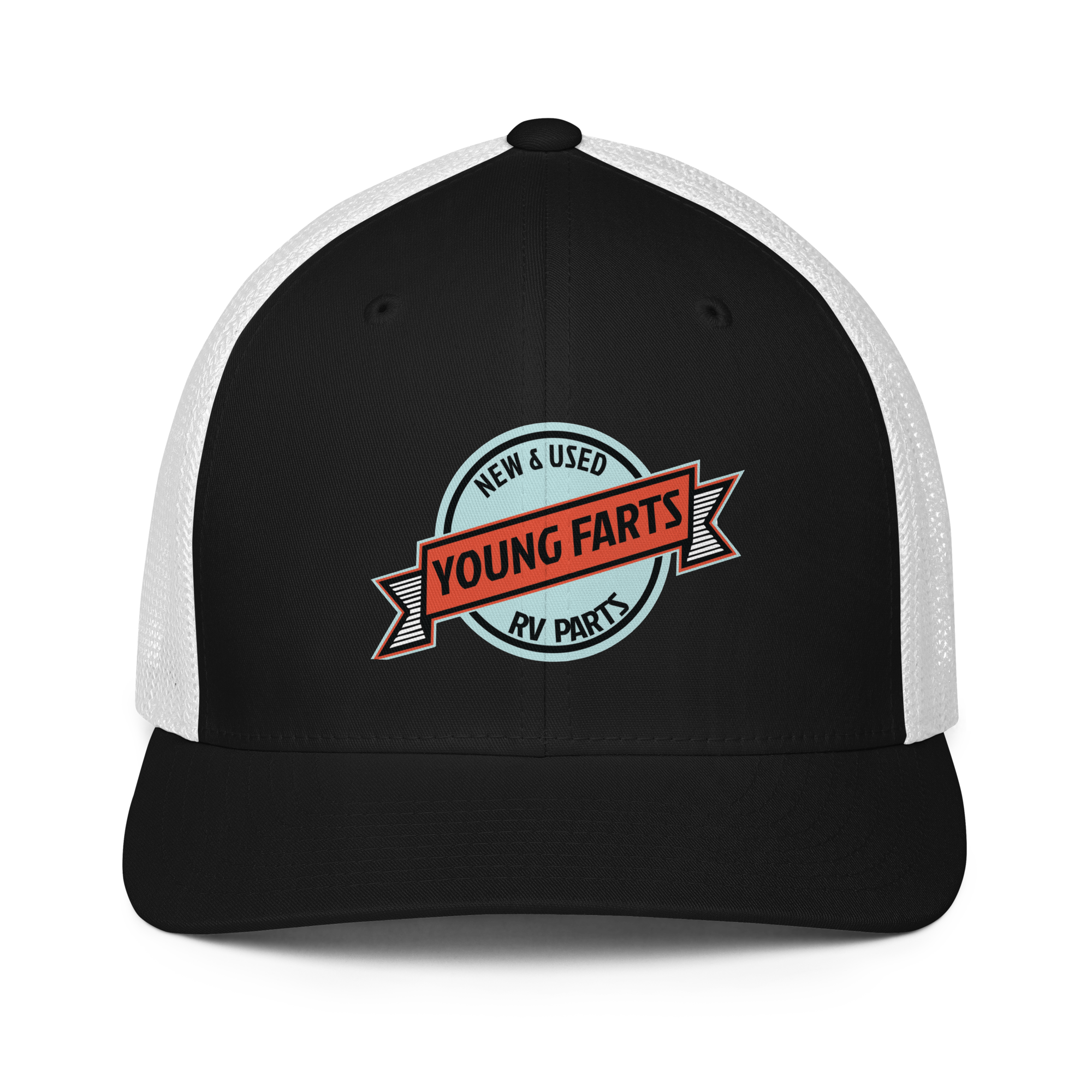 Young Farts Looks Better Dirty Trucker Hat in Black & White – front view