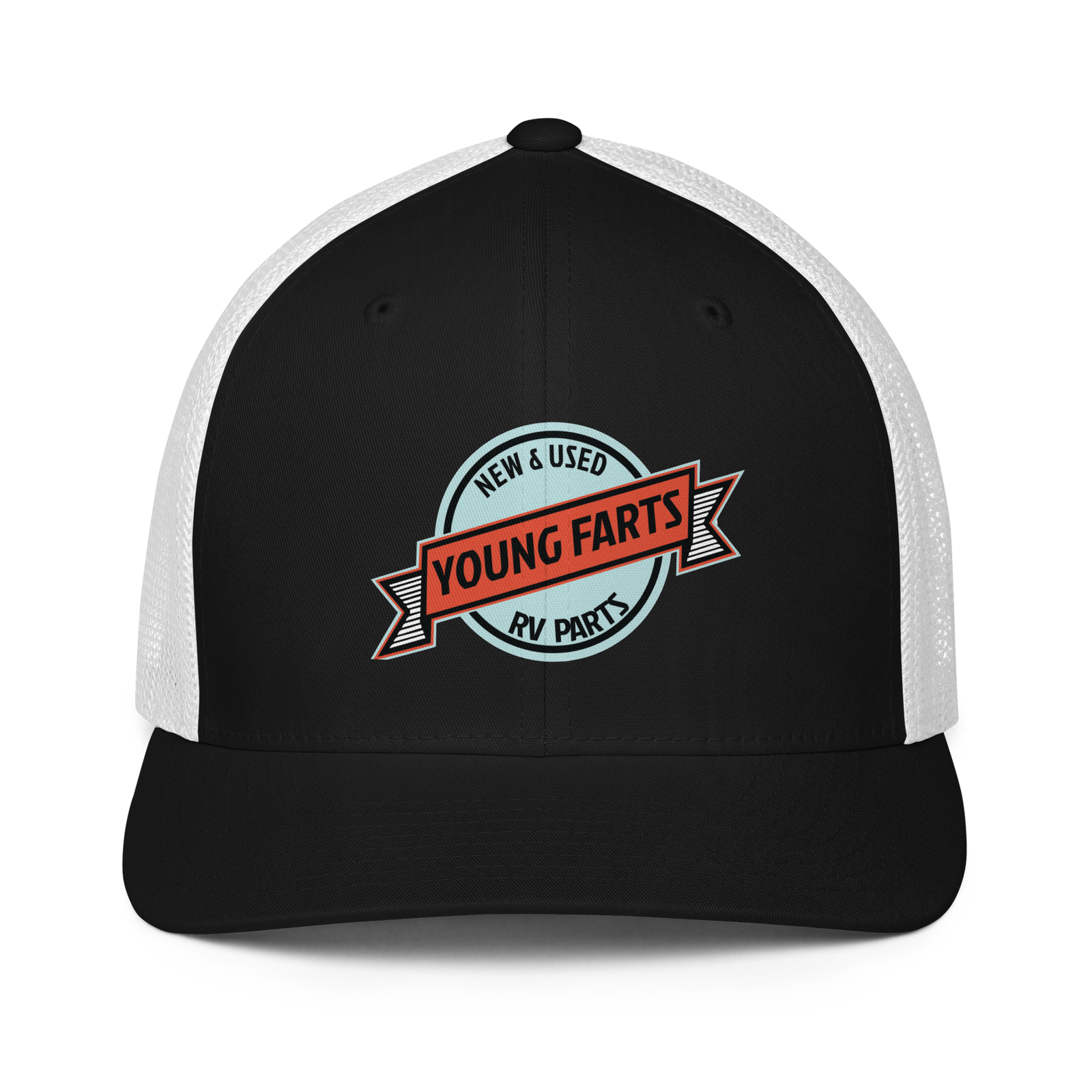 Young Farts Looks Better Dirty Trucker Hat in Black & White – front view