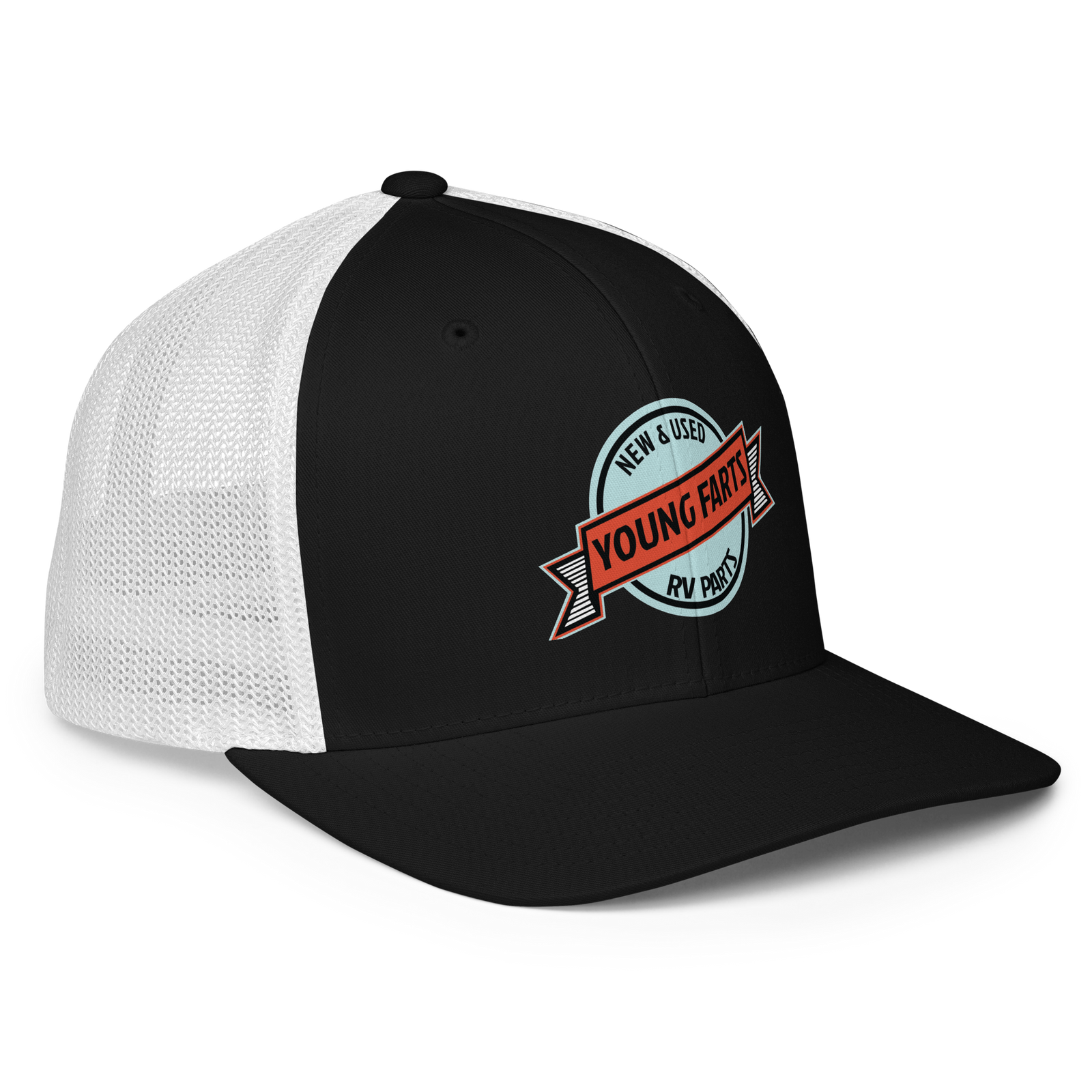 Young Farts Looks Better Dirty Trucker Hat in Black & White – right-front view
