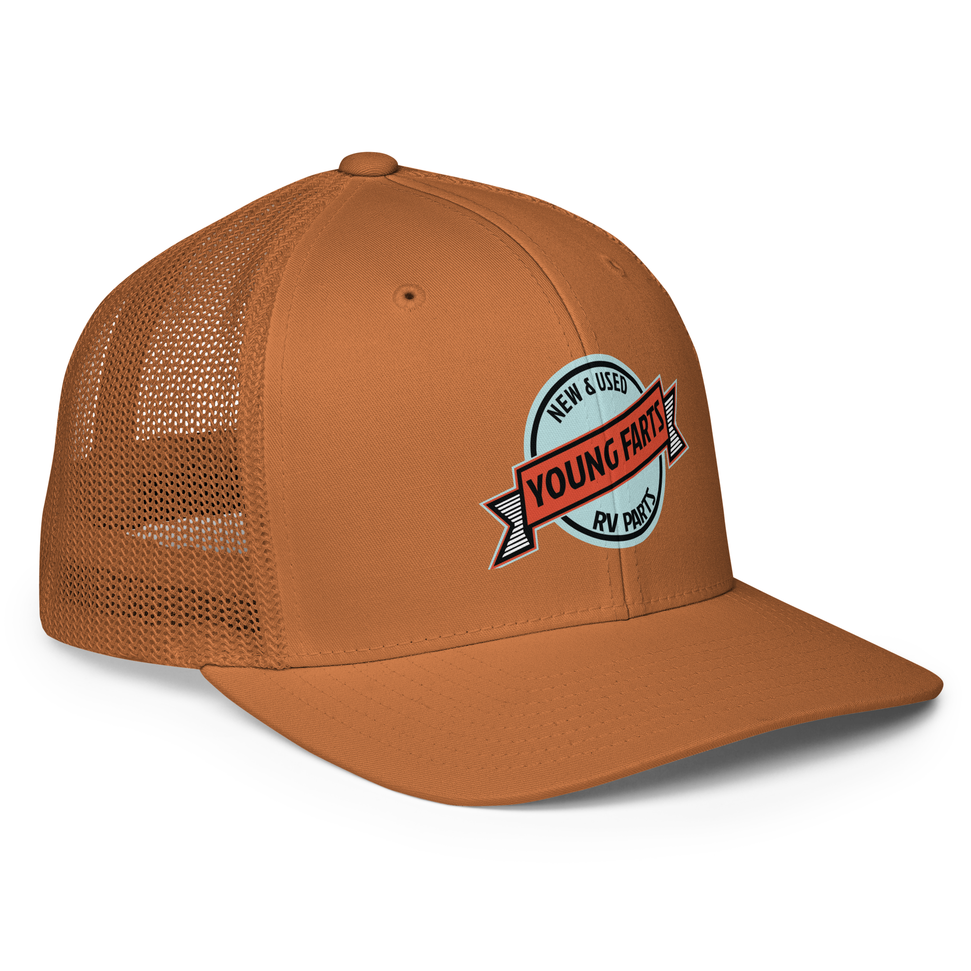 Young Farts Looks Better Dirty Trucker Hat in Caramel – right-front view