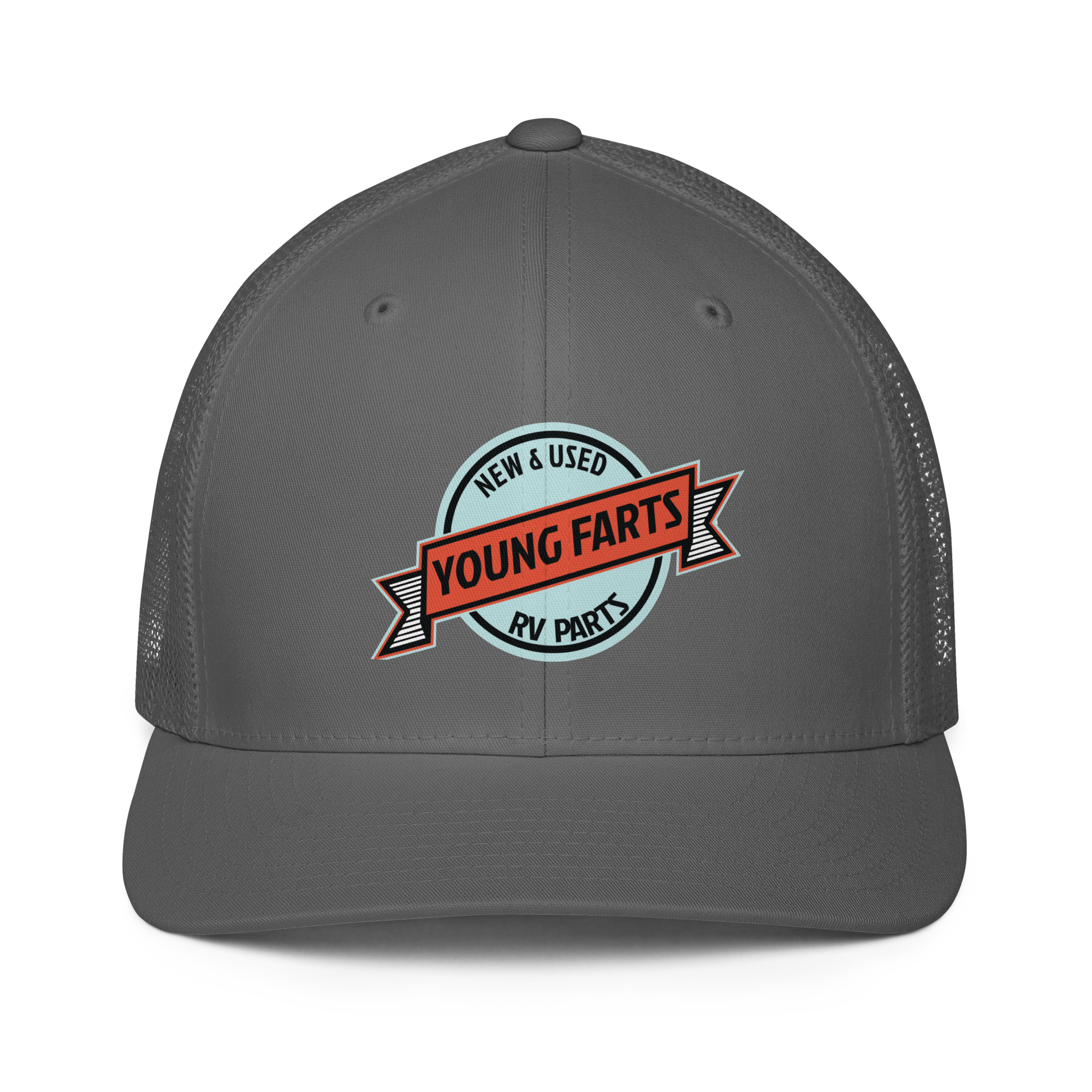Young Farts Looks Better Dirty Trucker Hat in Charcoal – front view